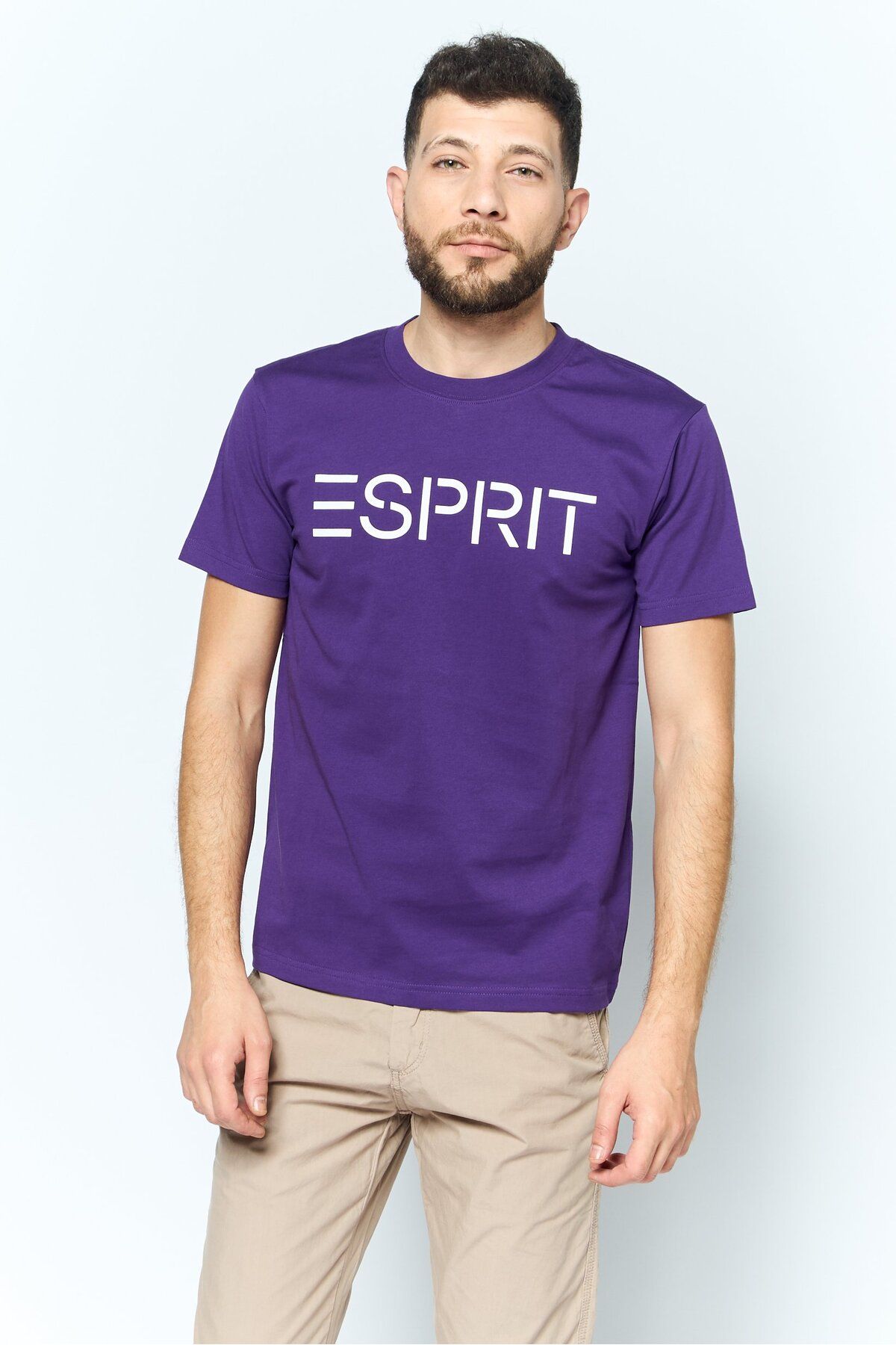 Esprit-تي شيرت رجالي بشعار العلامة التجارية بأكمام قصيرة ورقبة دائرية، أرجواني 1