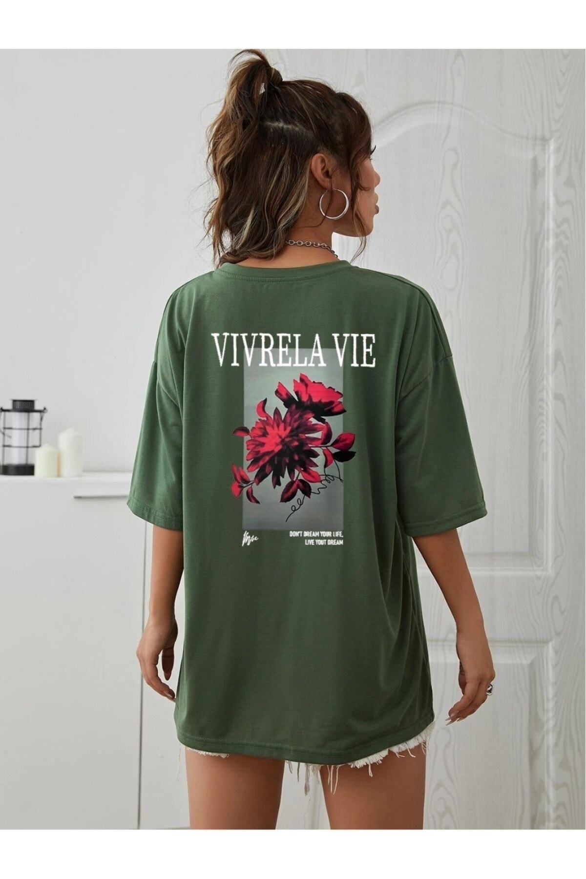 GIANTSTORE Unisex Yeşil Vivre La Vie Baskılı Oversize Bisiklet Yaka Penye Tişört