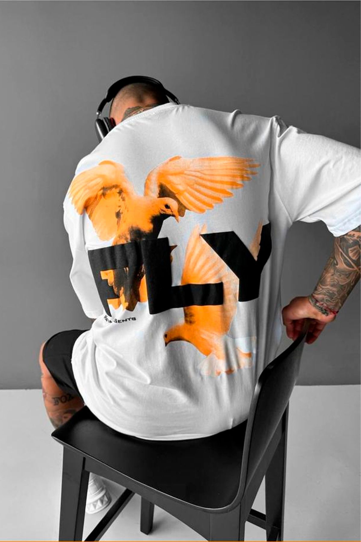 GIANTSTORE Fly Sırt Baskılı Oversize Beyaz Erkek Tişört
