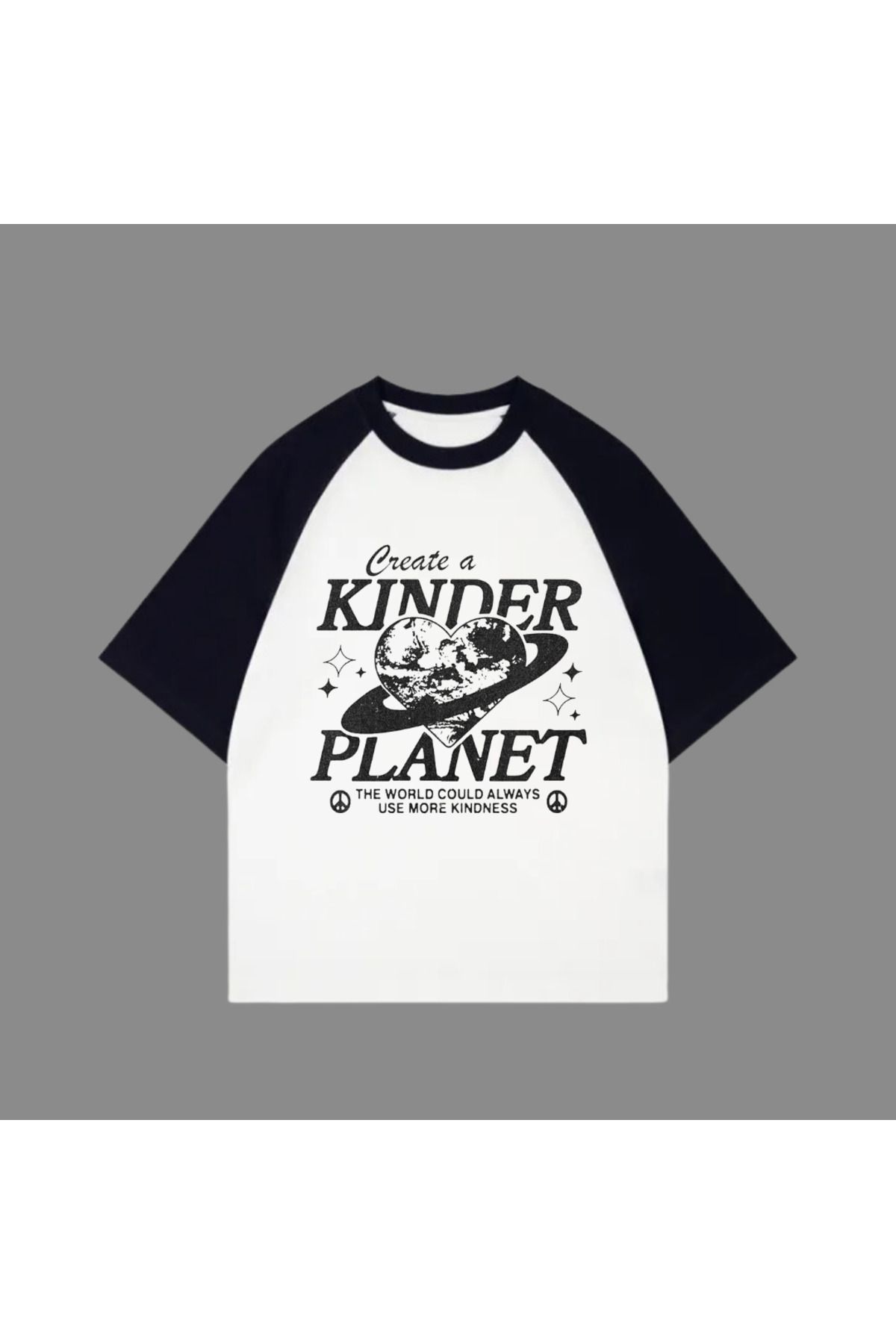 DEEFWEAR Very Kind  Beyaz Unisex Siyah Reglan Kinder Planet T-Shirt