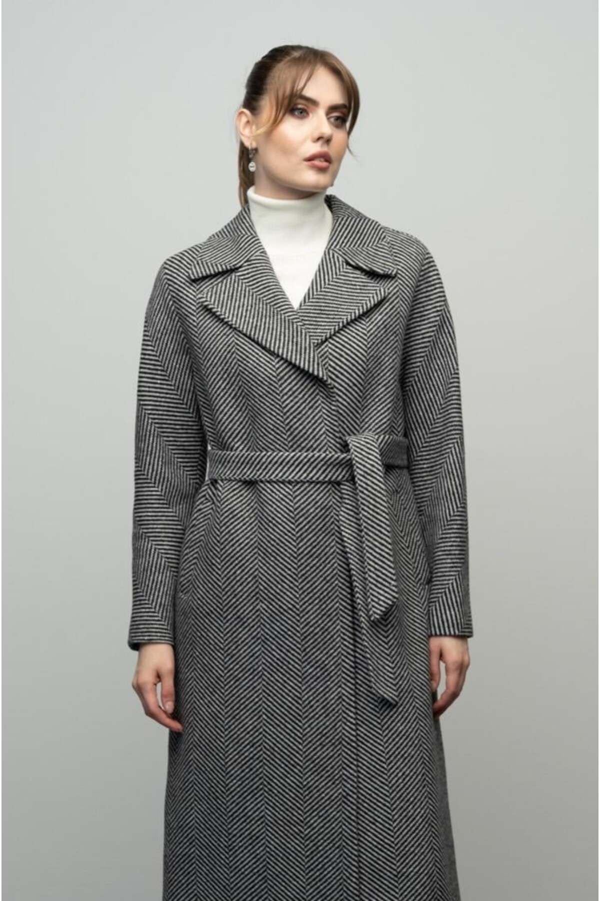 Olcay-Herringbone Patterned Oversize Coat - Snap Closure, Intermediate Size, BLACK 3035 3