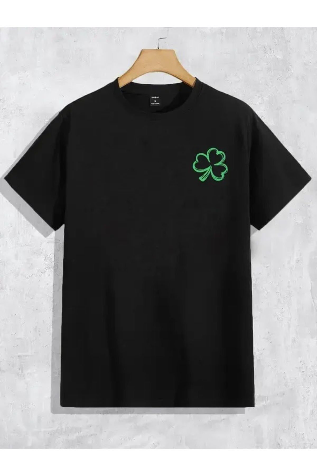 GIANTSTORE Unisex Siyah Yonca Baskılı Oversize Bisiklet Yaka Kısa Kollu Pamuklu T-shirt