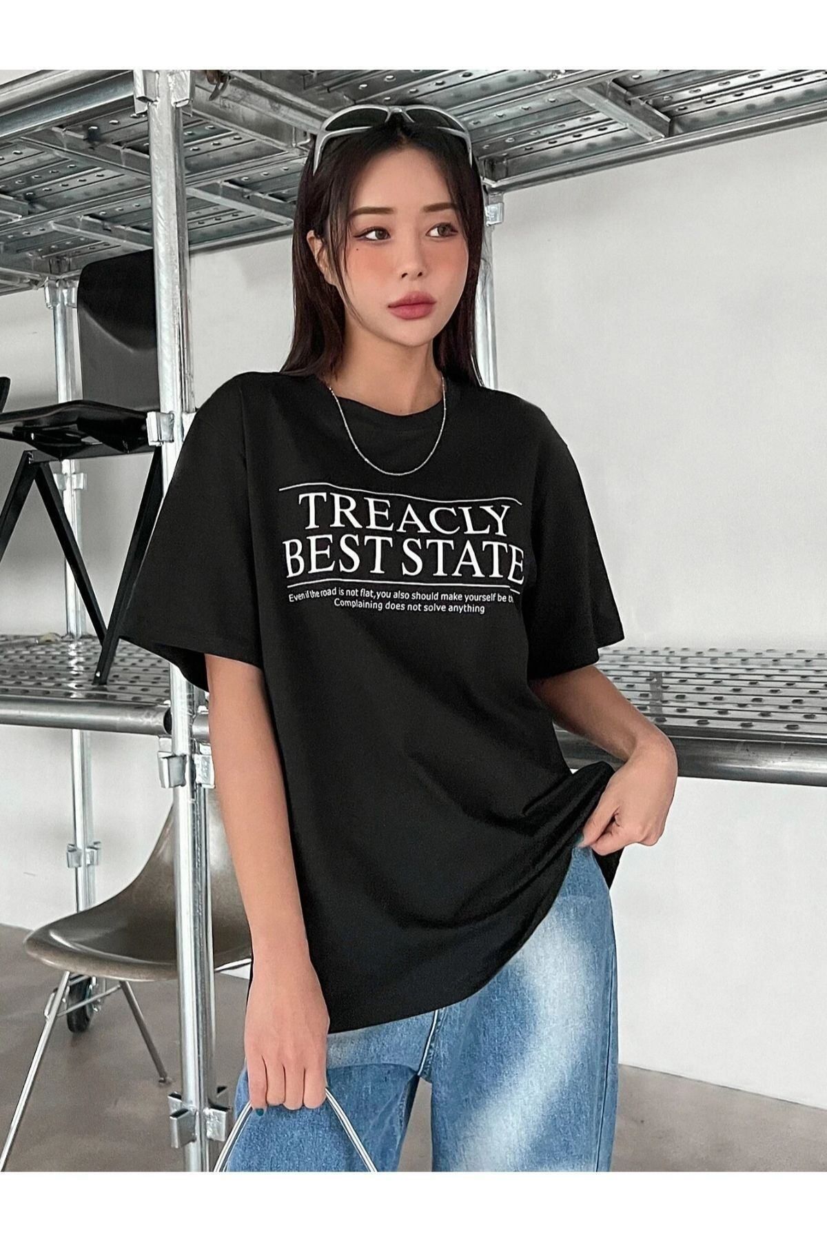 GIANTSTORE Kadın Siyah Treacly Best State Baskılı Oversize Bisiklet Yaka Tshirt