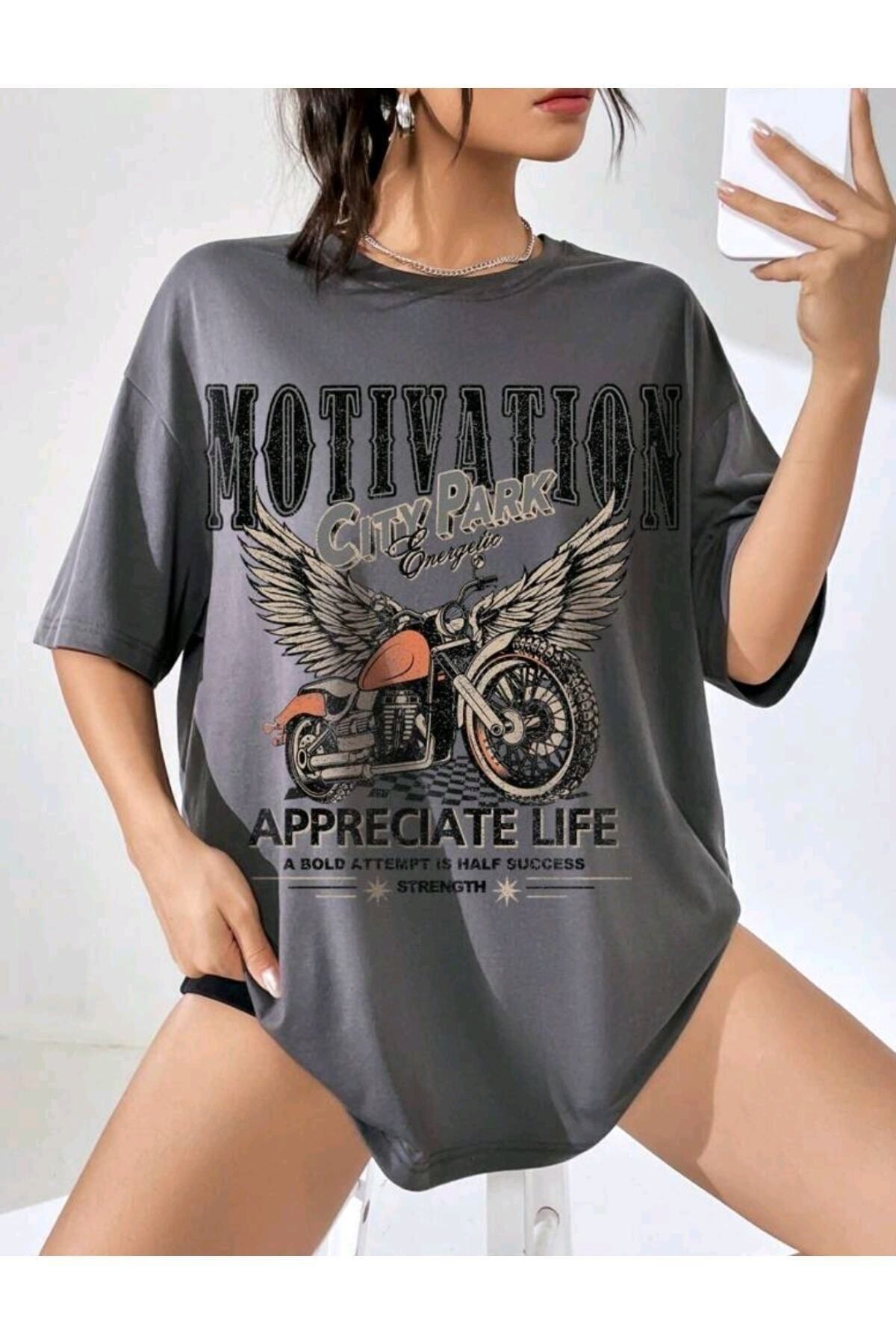 GIANTSTORE Kadın Antrasit Motıvıtıon Oversize Bisiklet Yaka Tshirt