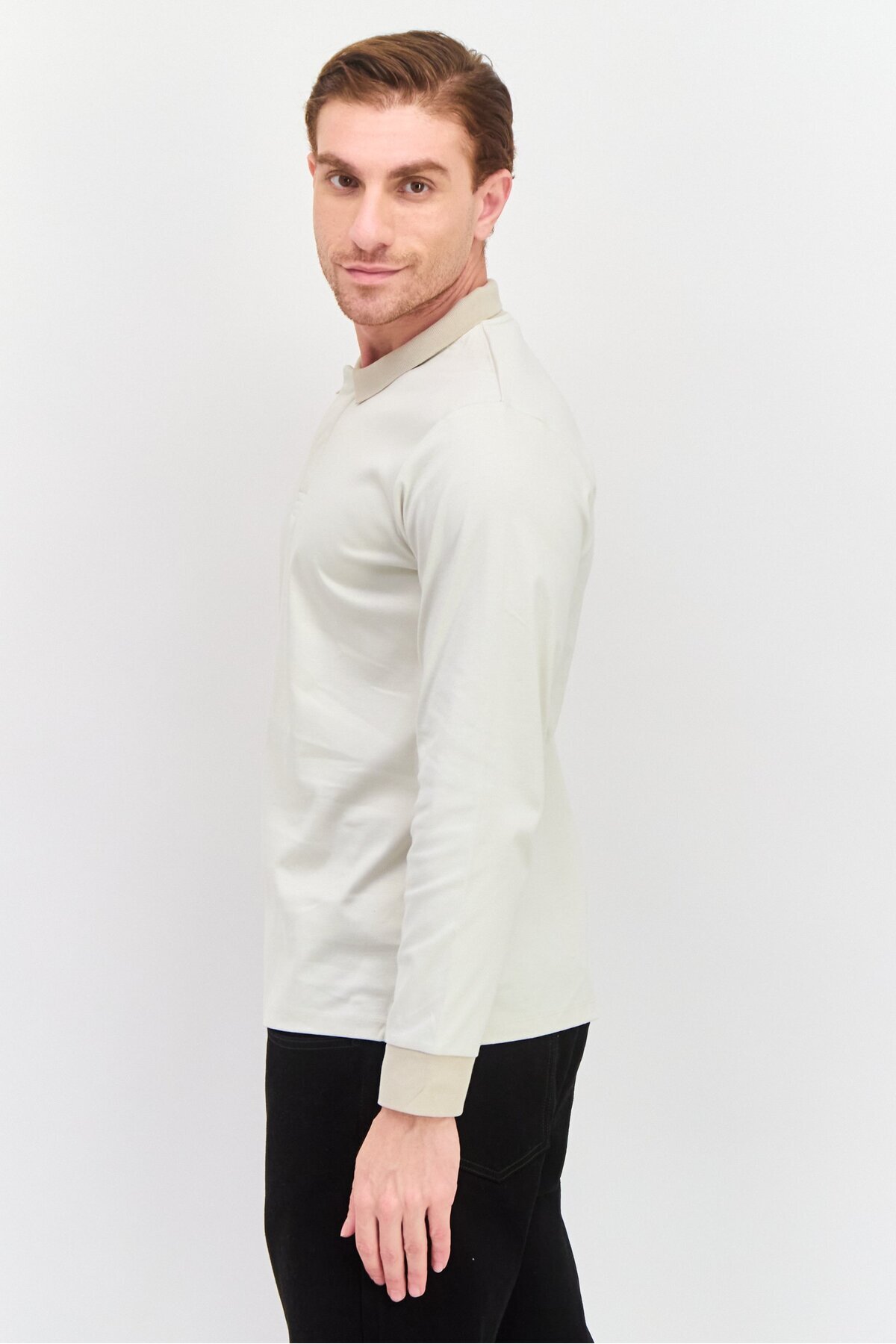 CELIO-Men Regular Fit Plain Long Sleeve Polo Shirts, Light Beige 2