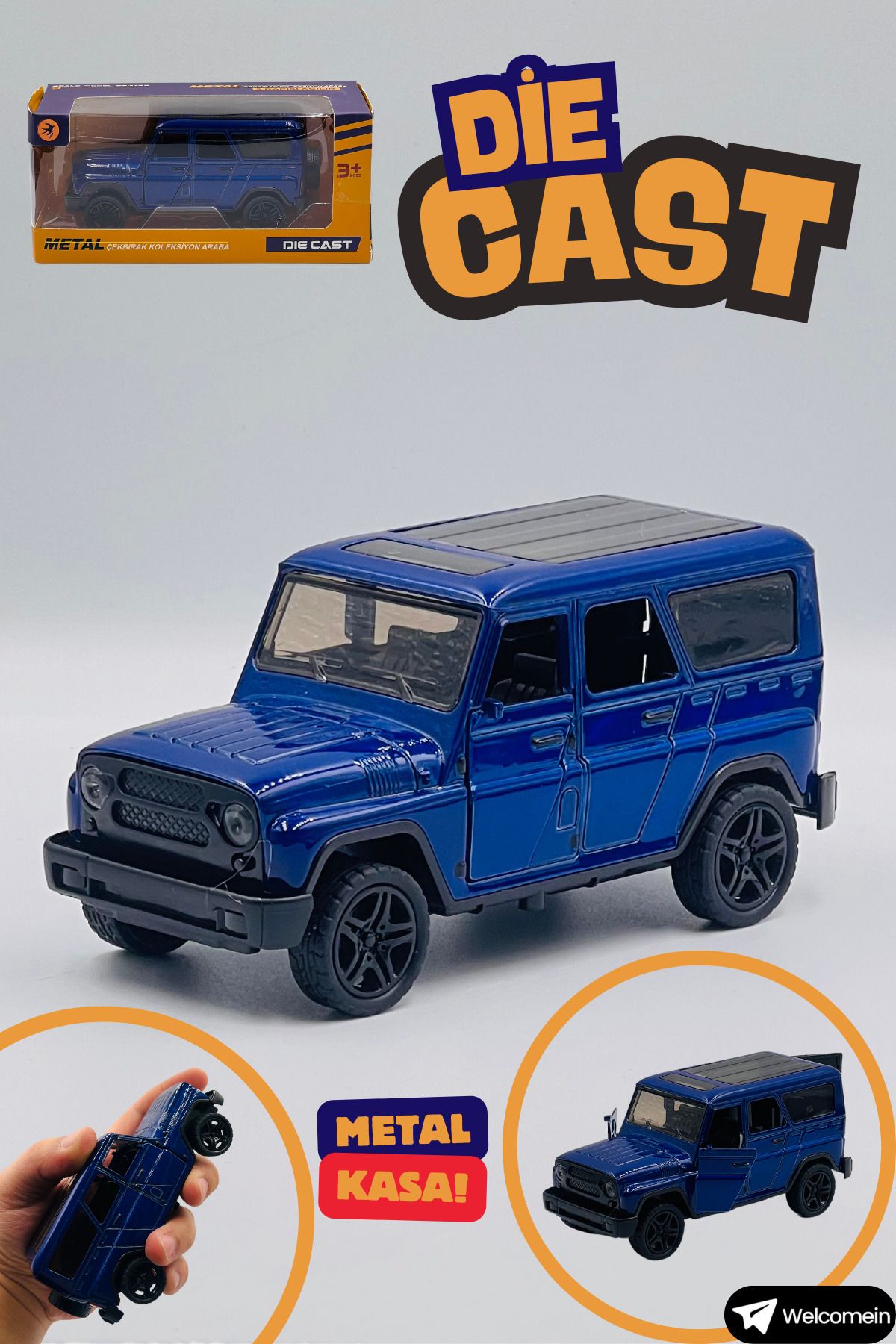 welcomein Oyuncak Mavi Jeep Model Çek Bırak Kutulu Metal Die Cast Araba Kapıları Açılan Koleksiyonculara Özel