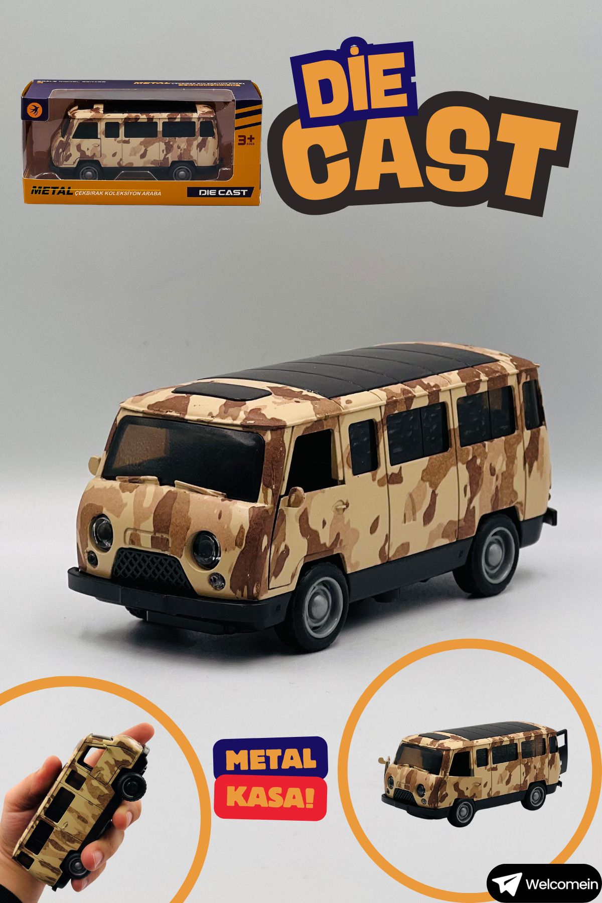 welcomein Oyuncak Kamuflaj Minivan Çek Bırak Kutulu Metal Die Cast Araba Kapıları Açılan Koleksiyonculara Özel