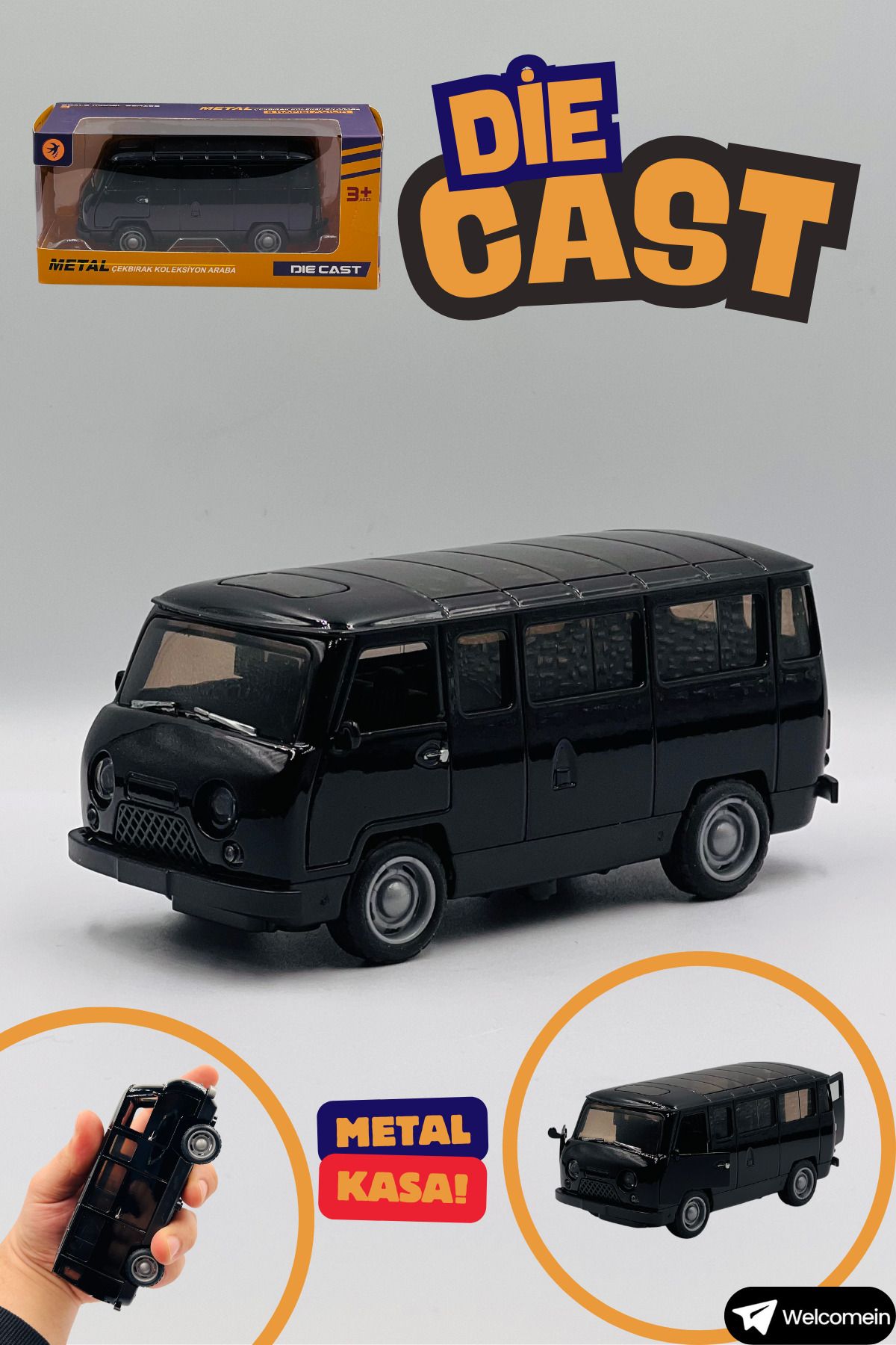 welcomein Oyuncak Siyah Minivan Çek Bırak Kutulu Metal Die Cast Araba Kapıları Açılan Koleksiyonculara Özel