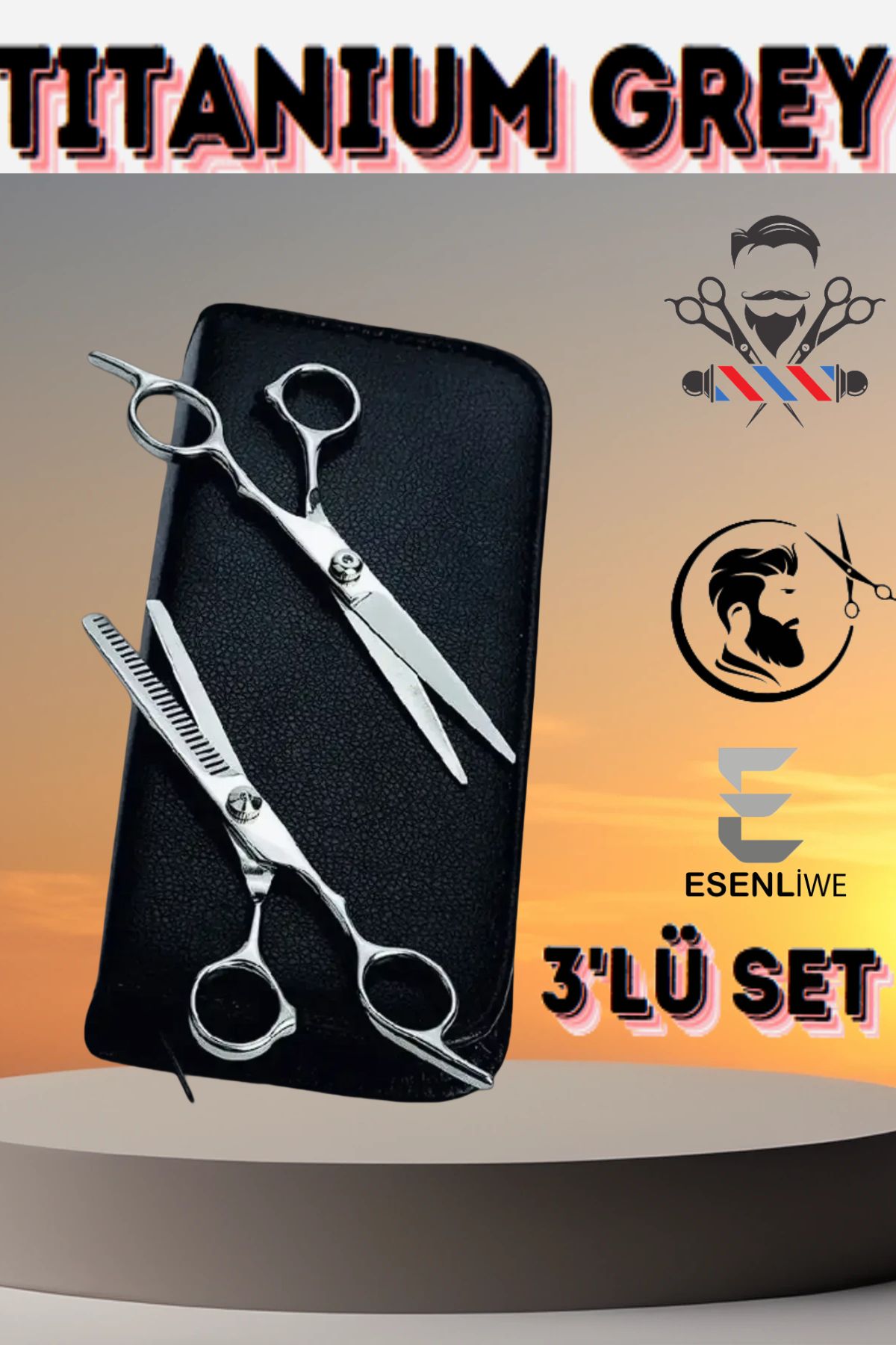 ESENLİWE 3 Parça Deri Çantalı Professional Titanium Grey Berber Saç Kesim Bakım Seti