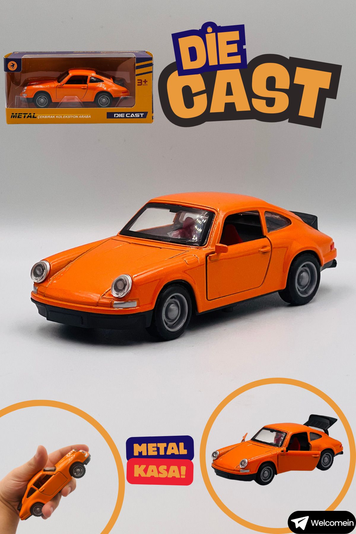 welcomein Oyuncak 1975 Porsche Turuncu Çek Bırak Kutulu Metal Die Cast Araba Kapıları Açılan Koleksiyoncu Özel