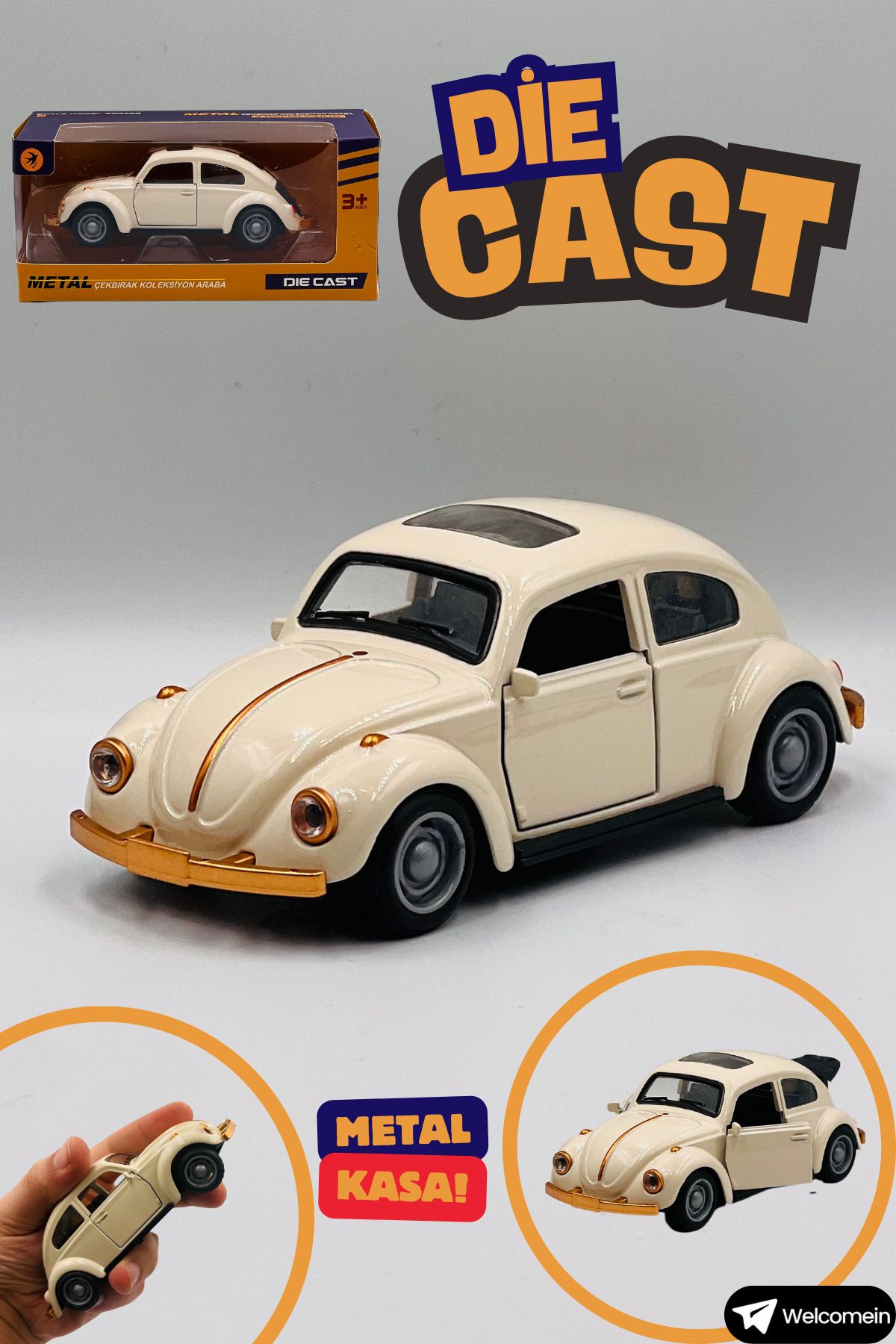 welcomein Oyuncak Vos Vos Volkswagen Beetle 1955 Çek Bırak Kutulu Metal Die Cast Kapıları Açılan Koleksiyon