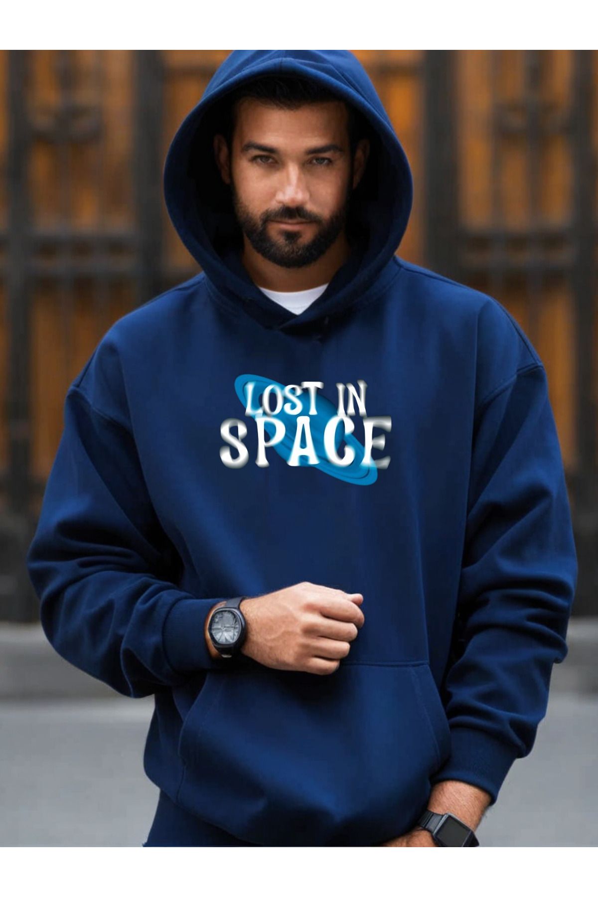 DEEPSENCE Lacivert Oversize Kapüşonlu Sweatshirt Lost IN Space