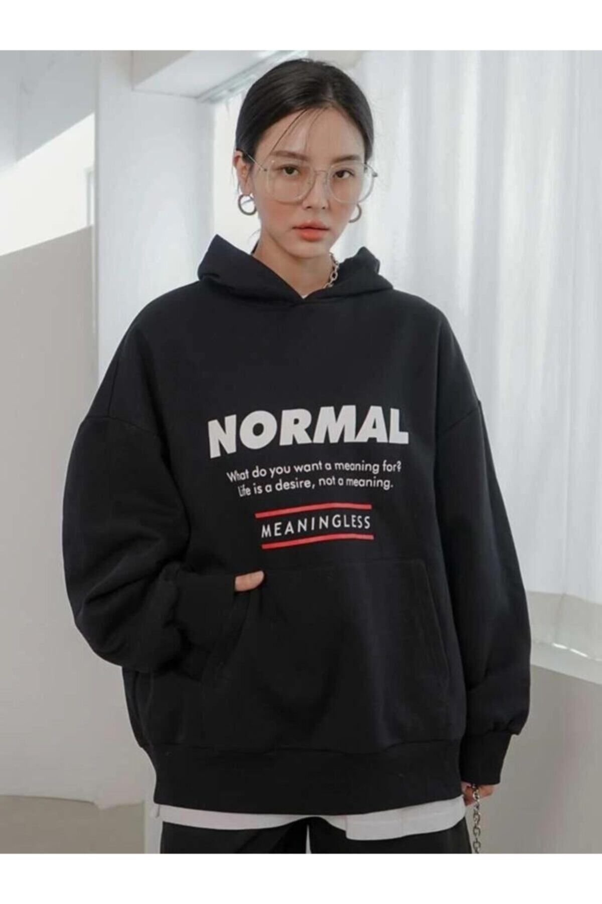 M&A ONE PİECE Unisex Gri Wrstbhrv Baskılı Oversize Kapüşonlu Sweatshirt