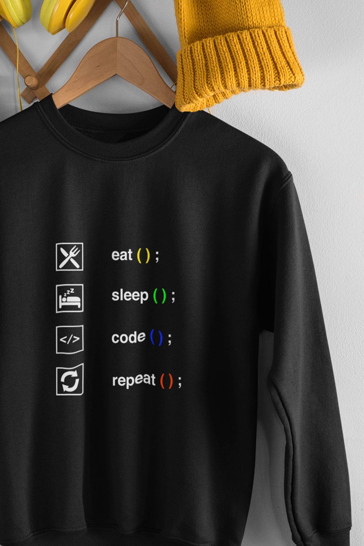 qoeuyl boutique Eat Sleep Code Repeat Yazılımcı Mühendis Baskılı Eğlenceli %100 Pamuklu Bisiklet Yaka Sweatshirt