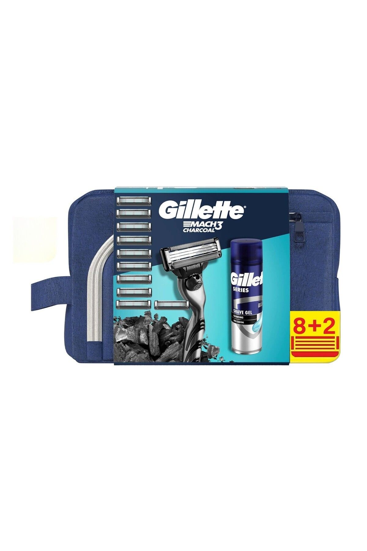 Gillette Mach3 Charcoal Makine ve 10 tıraş bıçağı Yedek + Charcoal Series Jel 200ML + Çanta