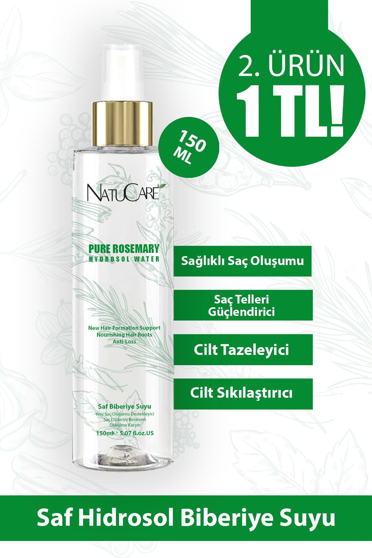 NatuCare Güçlendirici %100 Saf Biberiye Suyu Hızlı Saç Uzatma Etkili Dökülme Karşıtı Saf Tonik 150 ml