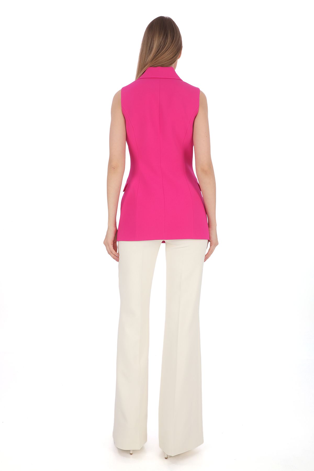 PEARL-Vestă din crepon fucsia slim fit - nasturi perlat, design la modă la două piept, cel mai elegant și confortabil 4