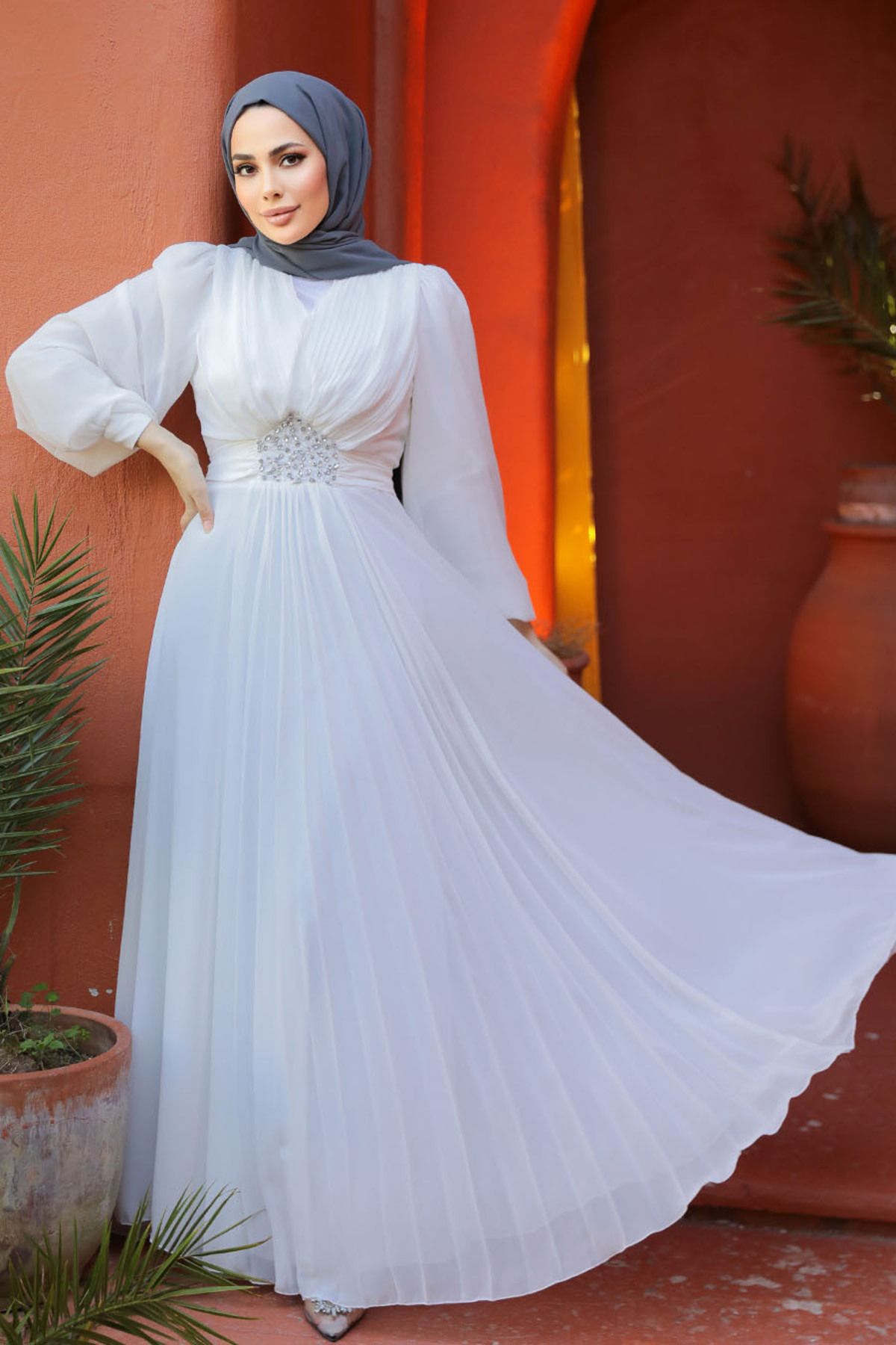 Neva Style-Rochie de seară hijab albă cu detaliu drapat 4448b 1