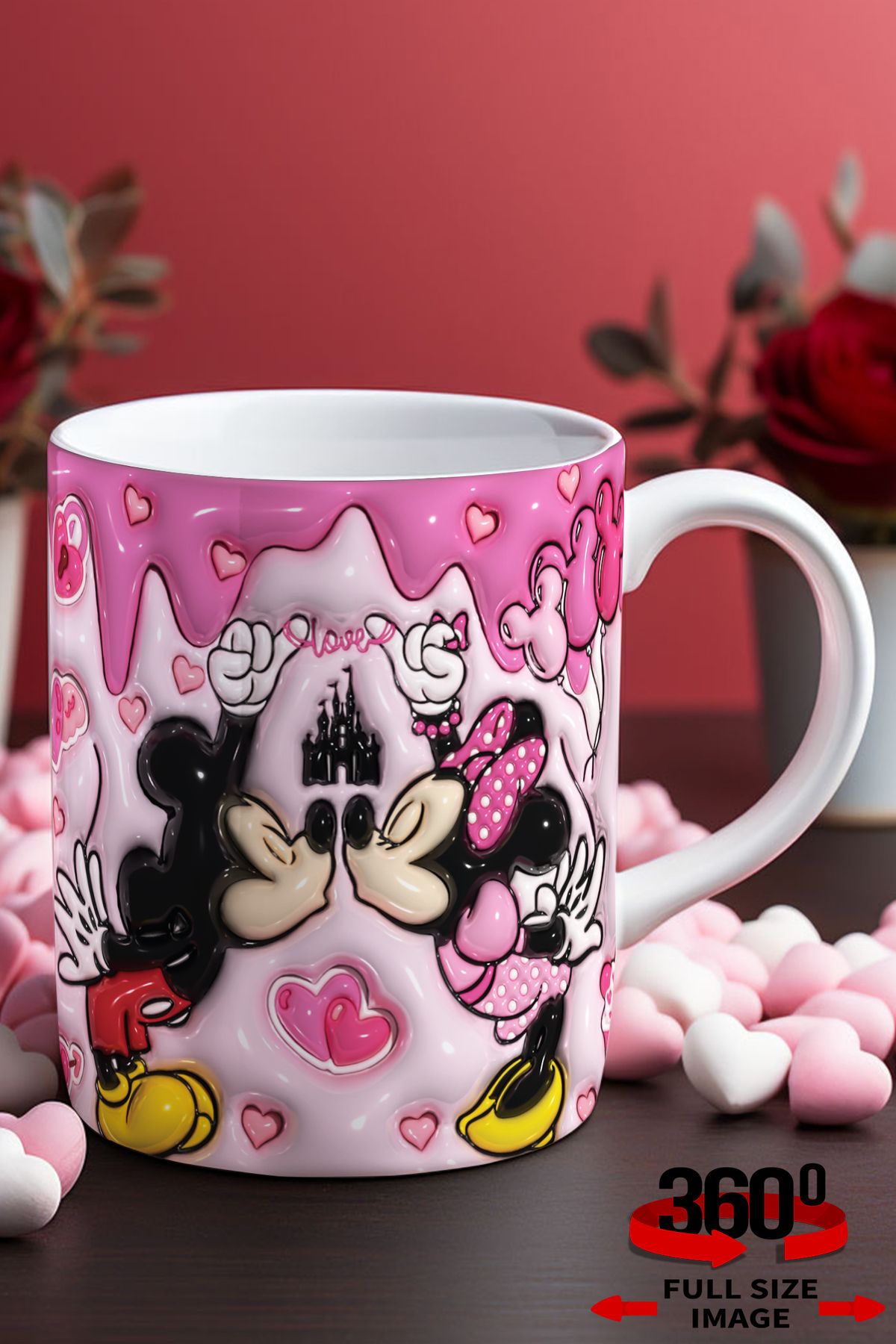 dijital moda tasarım 14 Şubat Sevgililer Günü 3D Kabartma Desen Efektli "Mickey&Minnie" Kişiye Özel Porselen Kupa Bardak