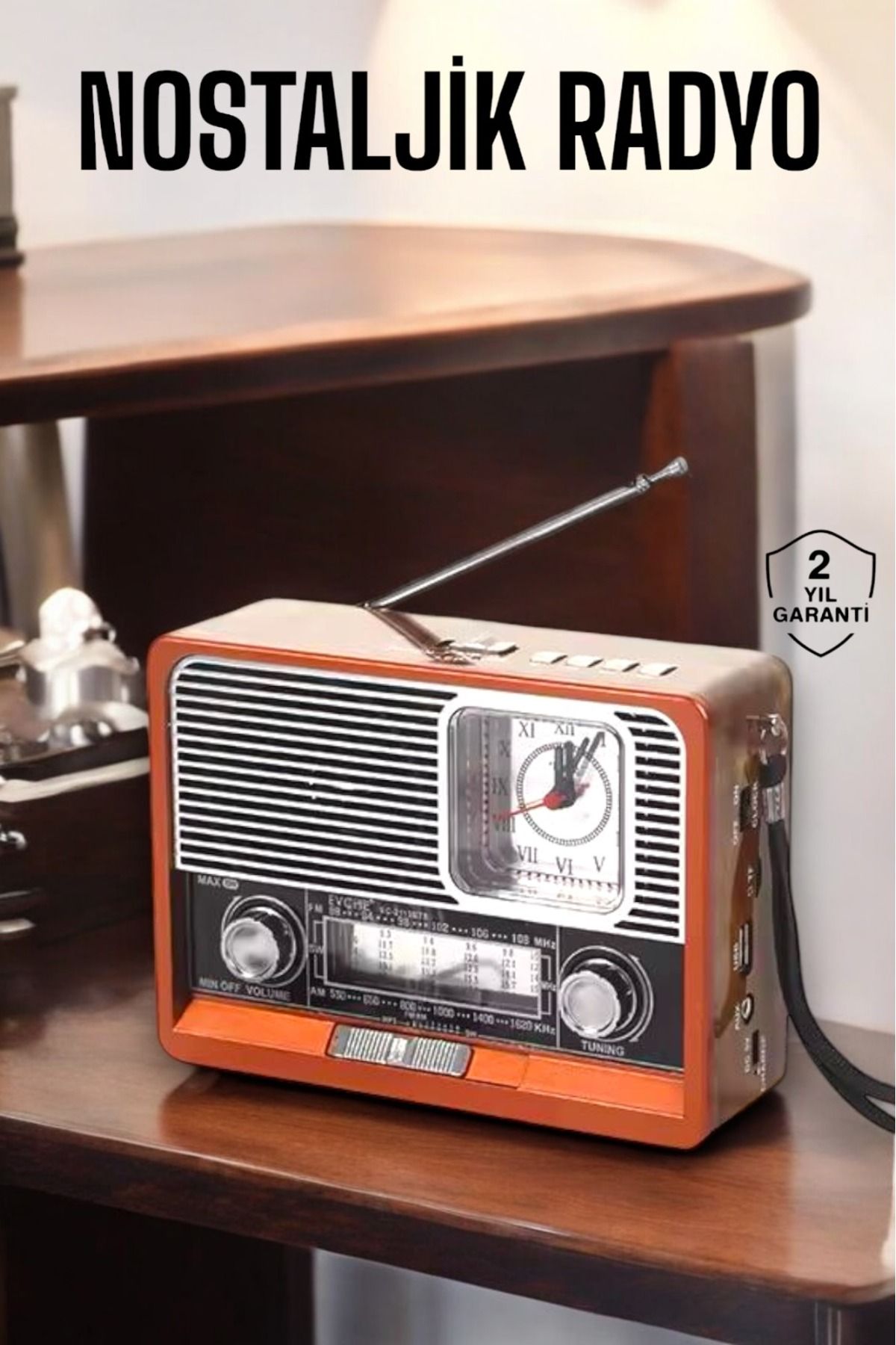 KeşifHOME Ahşap Görünümlü Retro Bluetooth Radyo USB,AUX Ve SD Kart Girişli