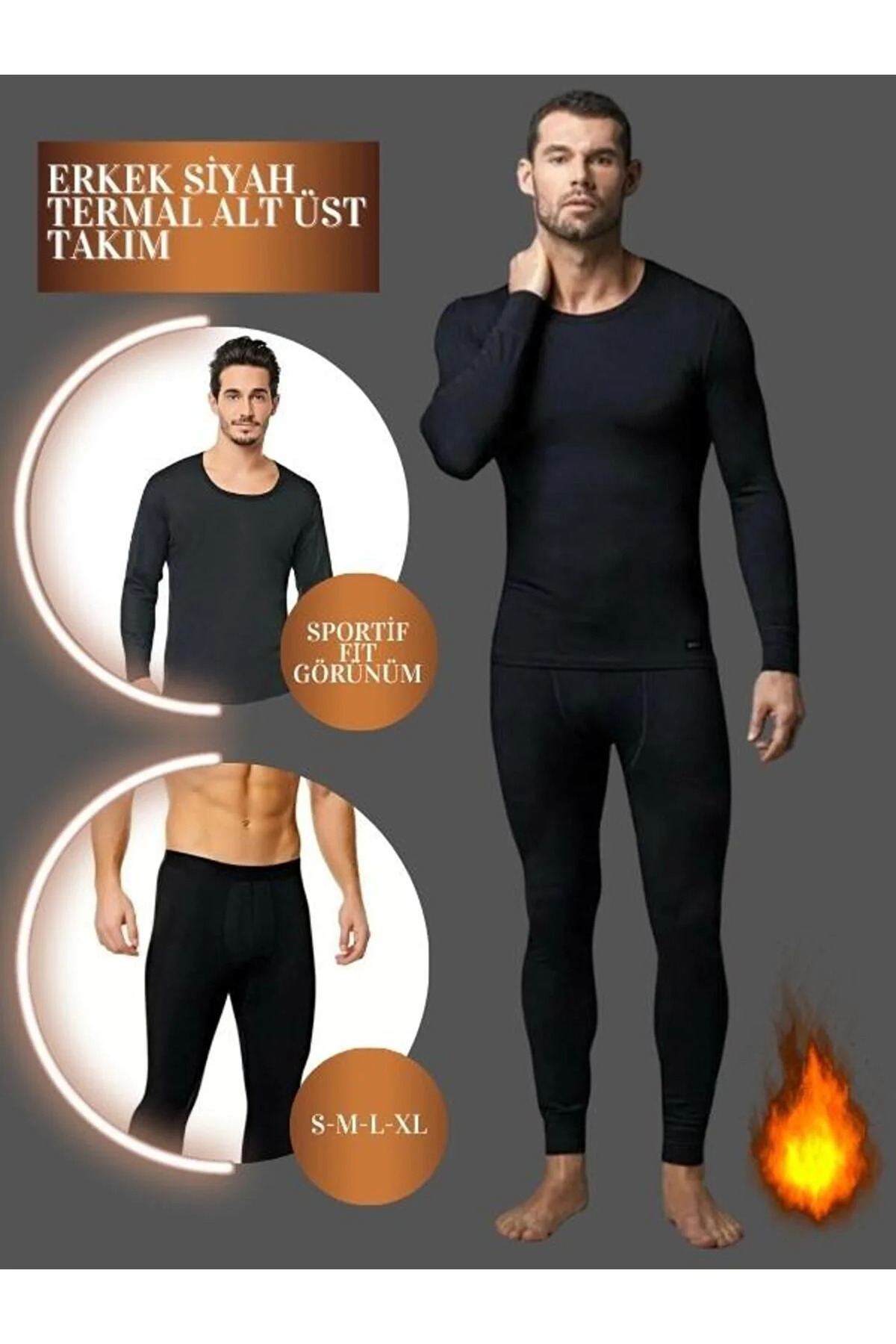 Momslab Erkek Tam Koruma Sibirya Soğukları için uygun Alev gibi Siyah Termal Takım