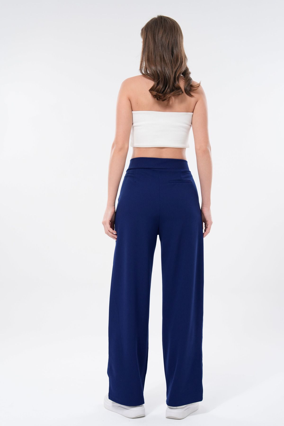 vuvutasarım-Țesătură creponată Închidere cu velcro Buzunare late pentru picioare Pantaloni de damă bleumarin 001 8