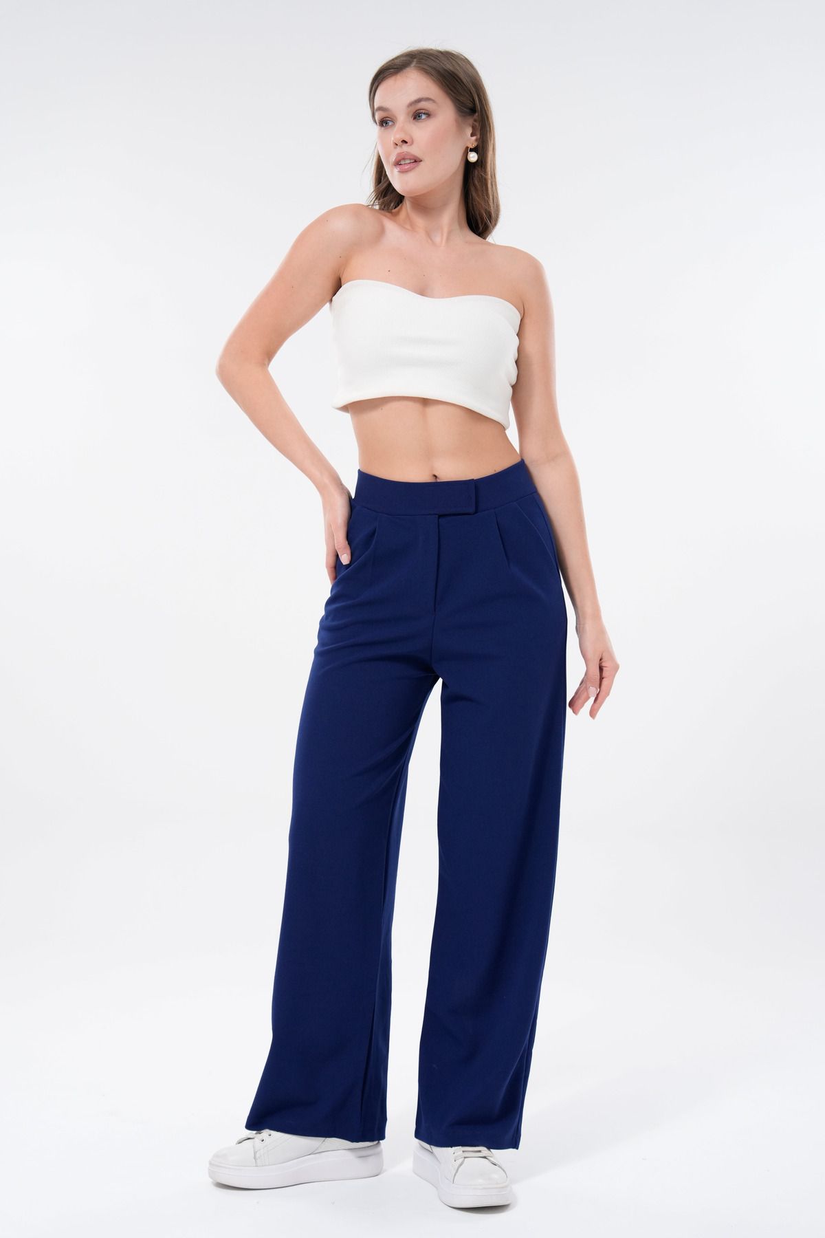 vuvutasarım-Țesătură creponată Închidere cu velcro Buzunare late pentru picioare Pantaloni de damă bleumarin 001 5