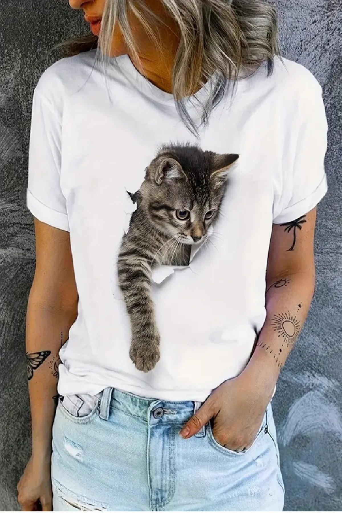 YOHO SPORT Kedi Baskılı Original Ünisex %100 Pamuklu Yeni sezon Yazlık T-shirt