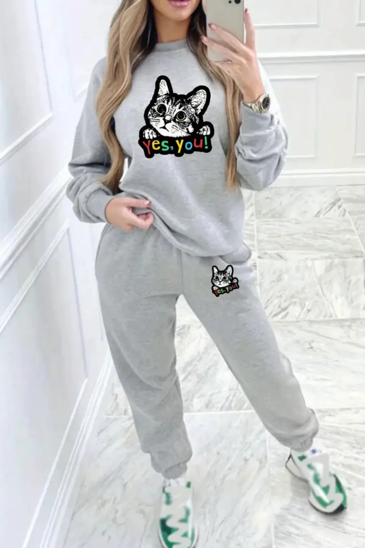 Genel Markalar Pamuklu Kadın Geometrik Desenli Sweatshirt ve Jogger Takım