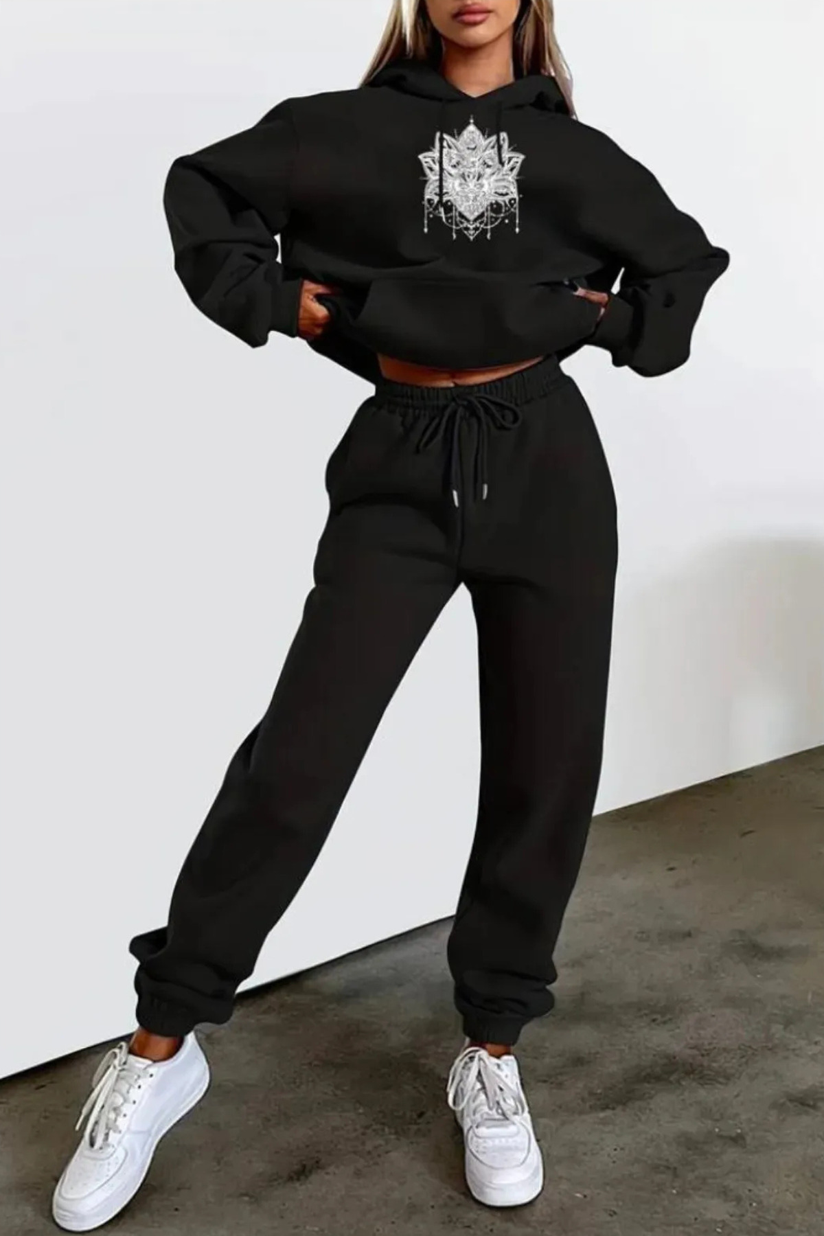 FECCY Pamuklu Kadın Lotus Baskılı Kapüşonlu Eşofman Takımı