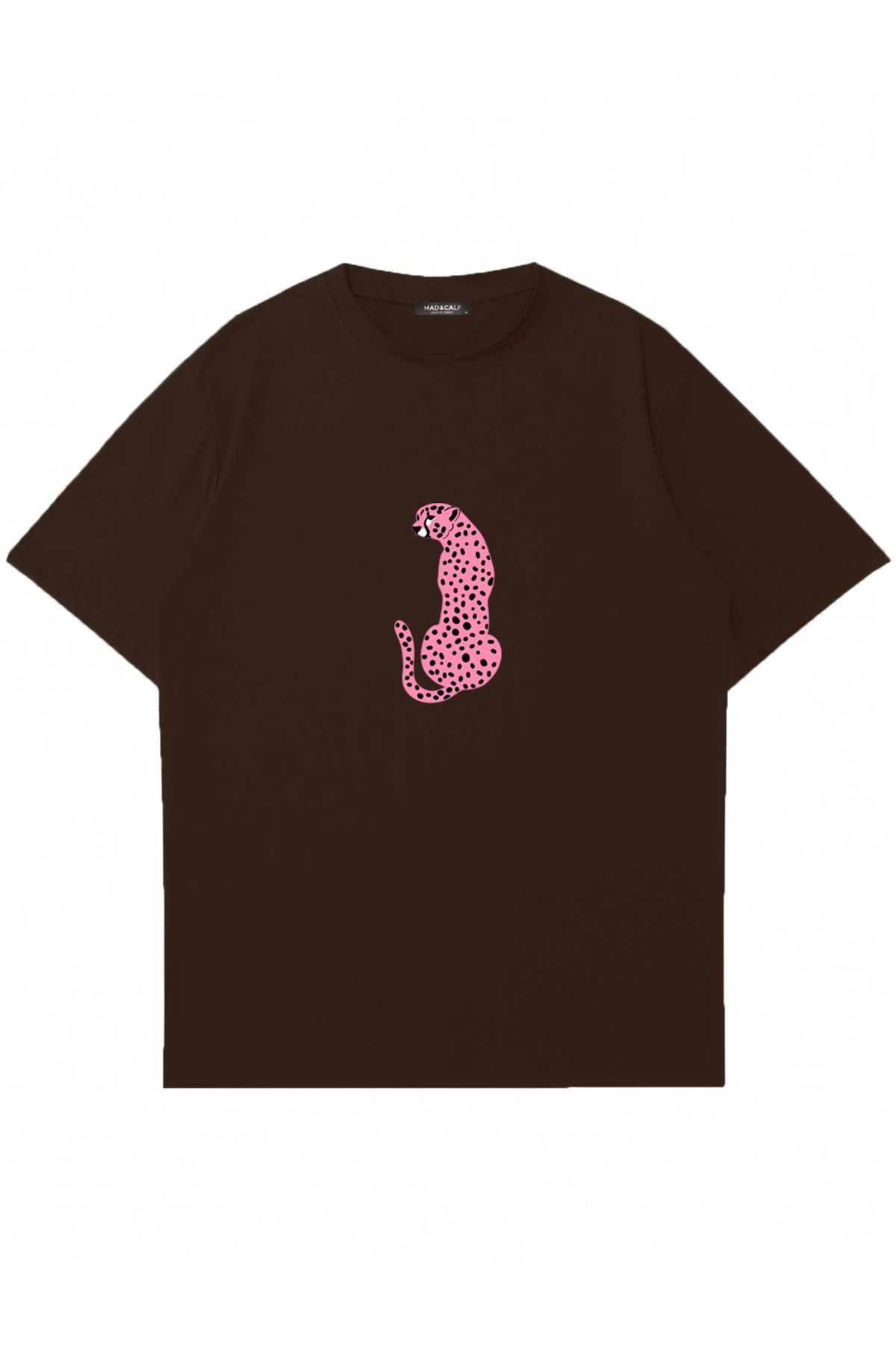 Mad&Calf Kadın Pink Leopard Baskılı Bisiklet Yaka Oversize Tshirt