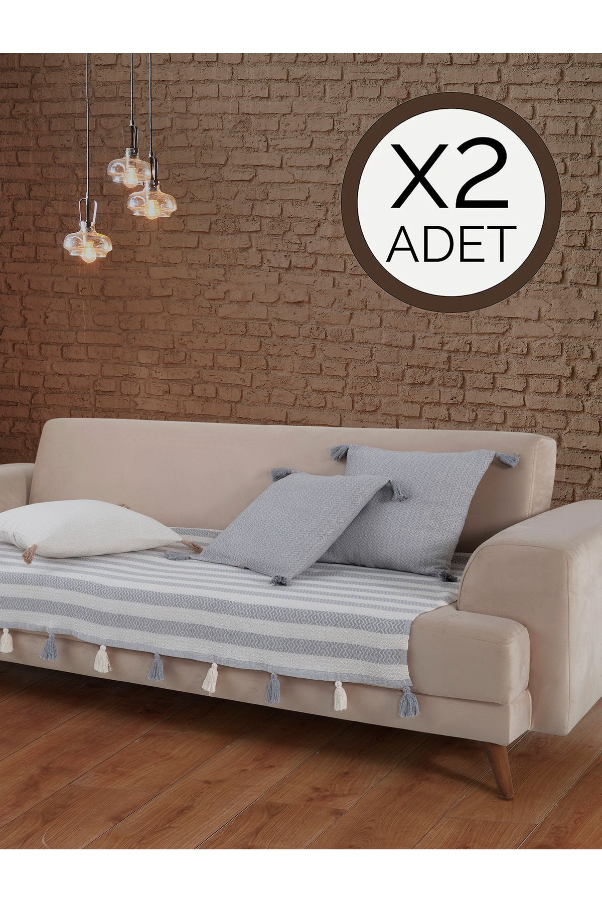 Lux Touch Liva Ponponlu Gri 2 Adet Koltuk Örtüsü 115x200 Cm Kanepe Divan Çekyat Berjer Örtüsü Püsküllü