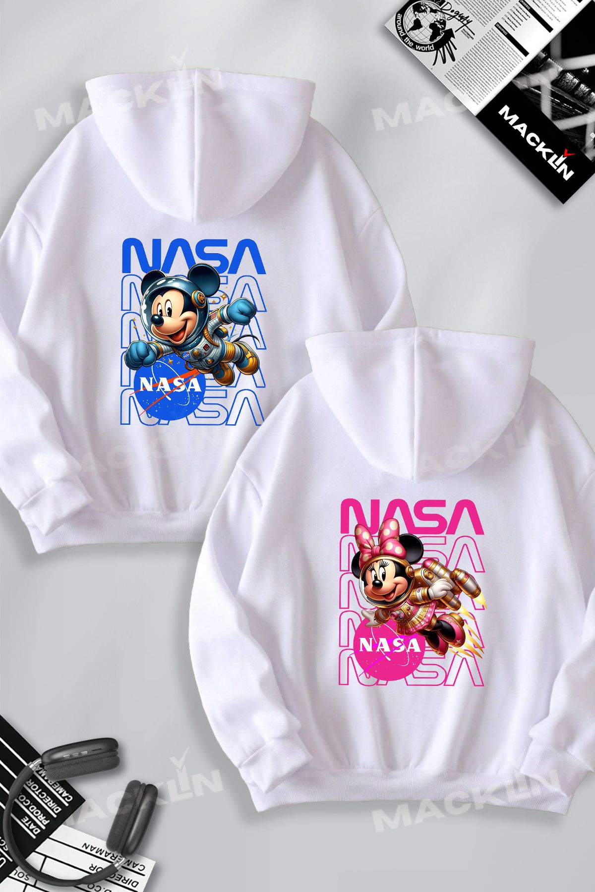 macklin Sevgili & Arkadaş Çift Kombini Mickey ve Minnie Mouse Nasa Baskılı Kapüşonlu Sweatshirt 2li Takım