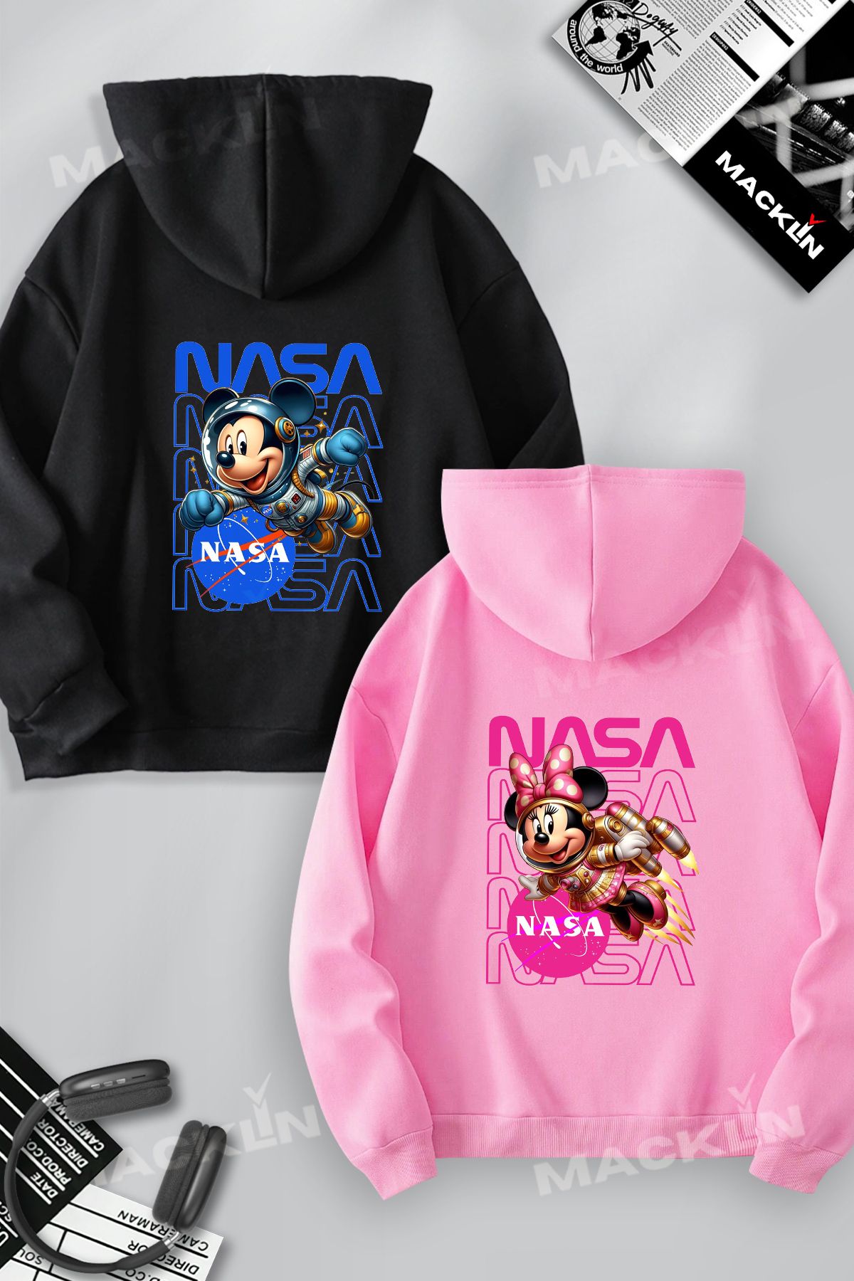 macklin Sevgili & Arkadaş Çift Kombini Mickey ve Minnie Mouse Nasa Baskılı Kapüşonlu Sweatshirt 2li Takım