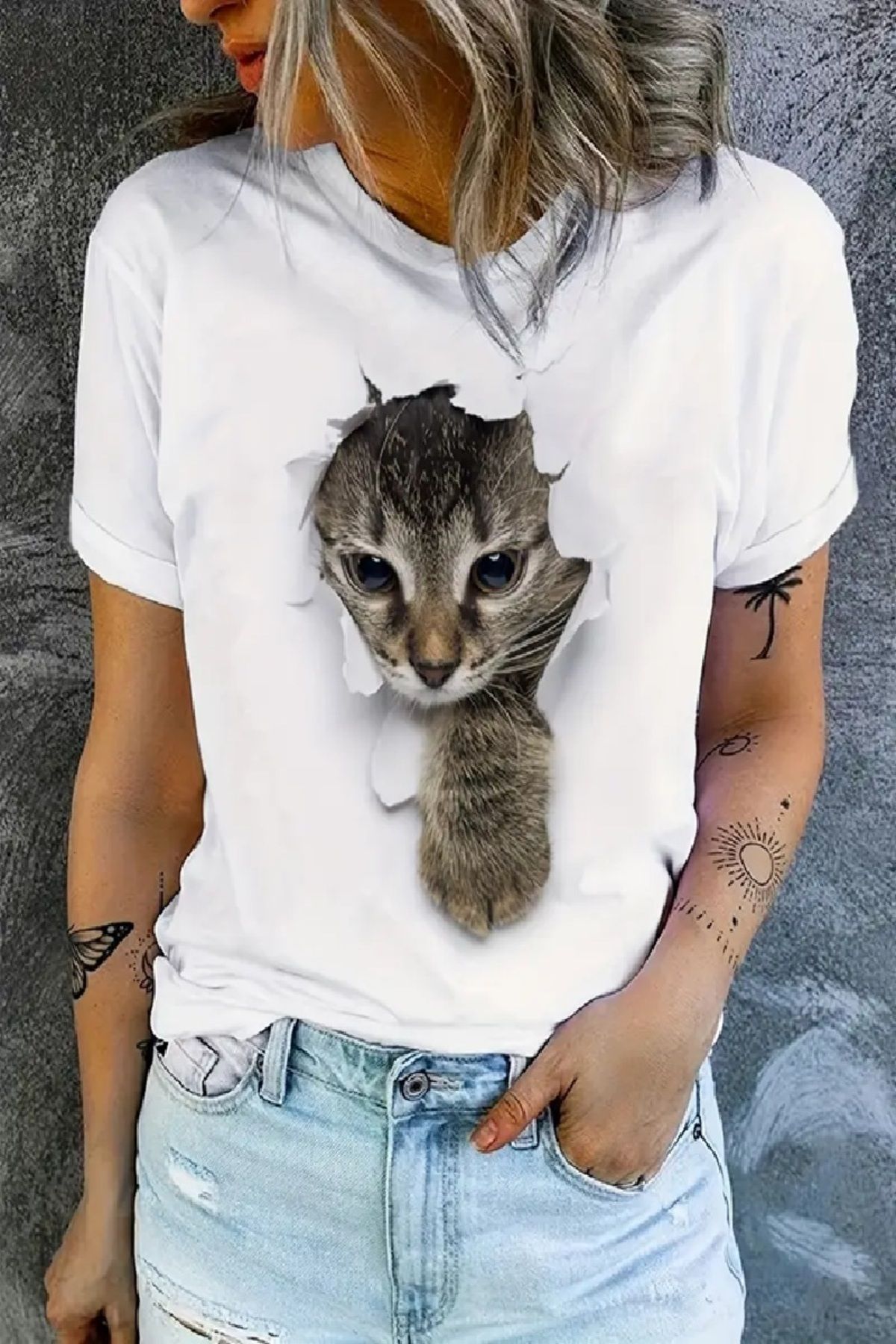 YOHO SPORT Kedi Baskılı Original Ünisex %100 Pamuklu Yeni sezon Yazlık T-shirt