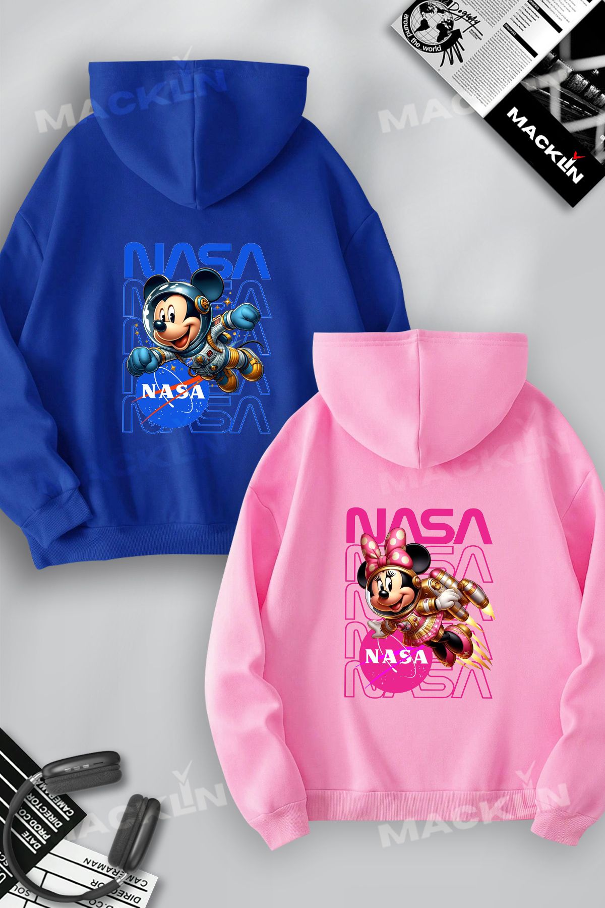 macklin Sevgili & Arkadaş Çift Kombini Mickey ve Minnie Mouse Nasa Baskılı Kapüşonlu Sweatshirt 2li Takım