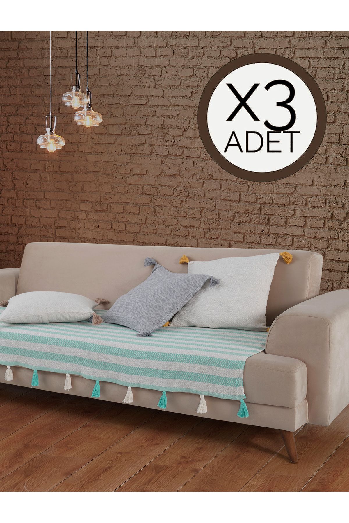 Lux Touch Liva Ponponlu Mint 3 Adet Koltuk Örtüsü 115x200 Cm Kanepe Divan Çekyat Berjer Örtüsü Püsküllü