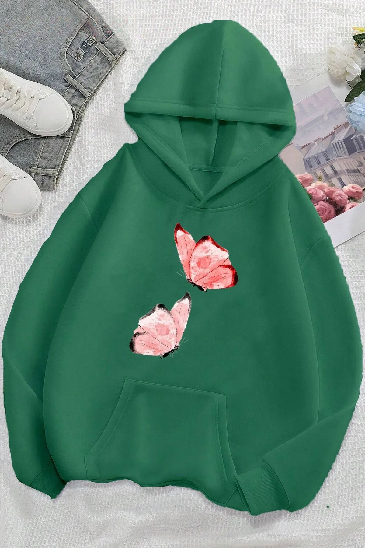 FECCY Pamuklu 2 pembe kelebek ön baskılı oversize kapşonlu sweatshirt