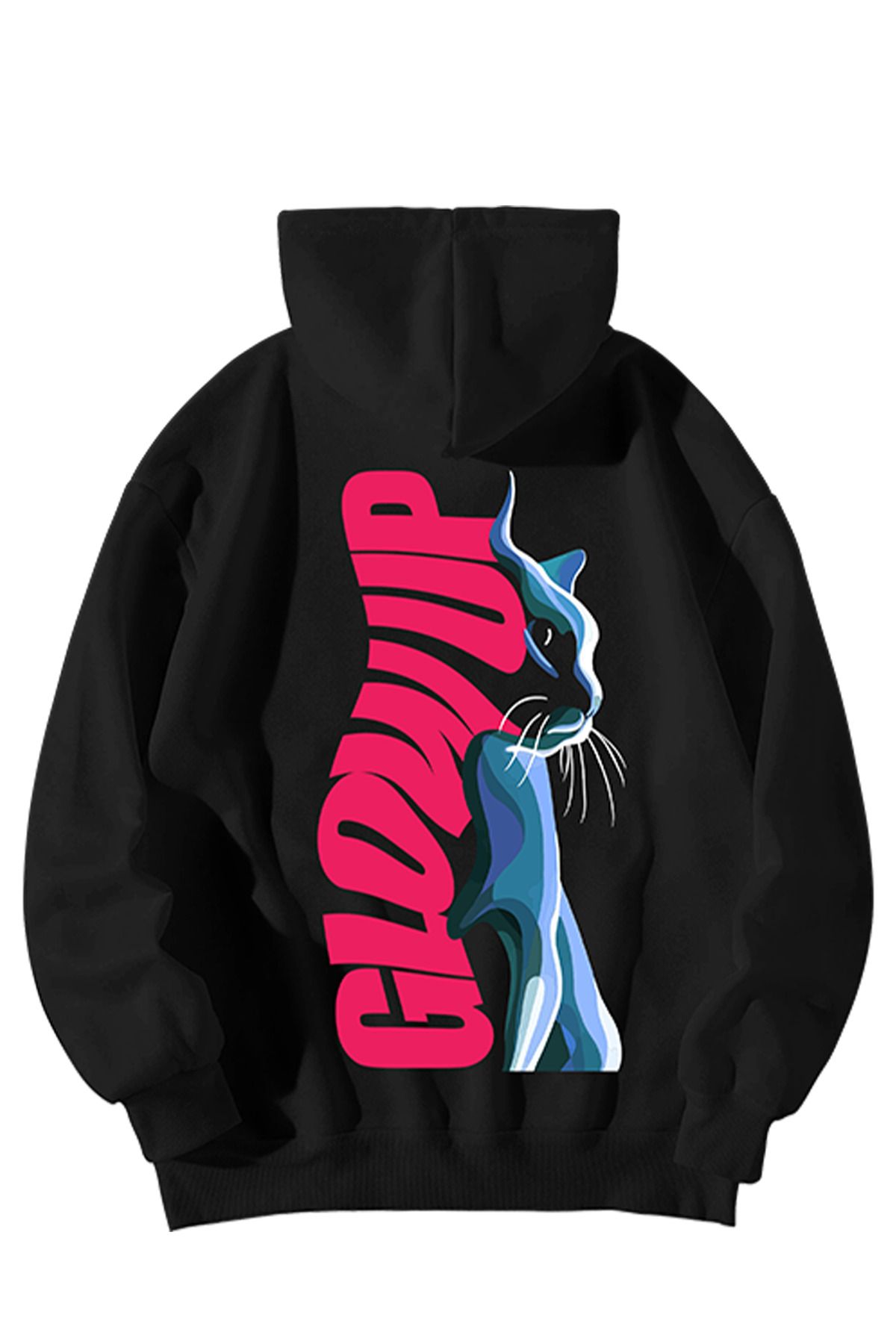 Stadium Kadın Erkek Siyah Glow Up Street Kedy Oversize Kanguru Cepli Sweatshirt Hoodie