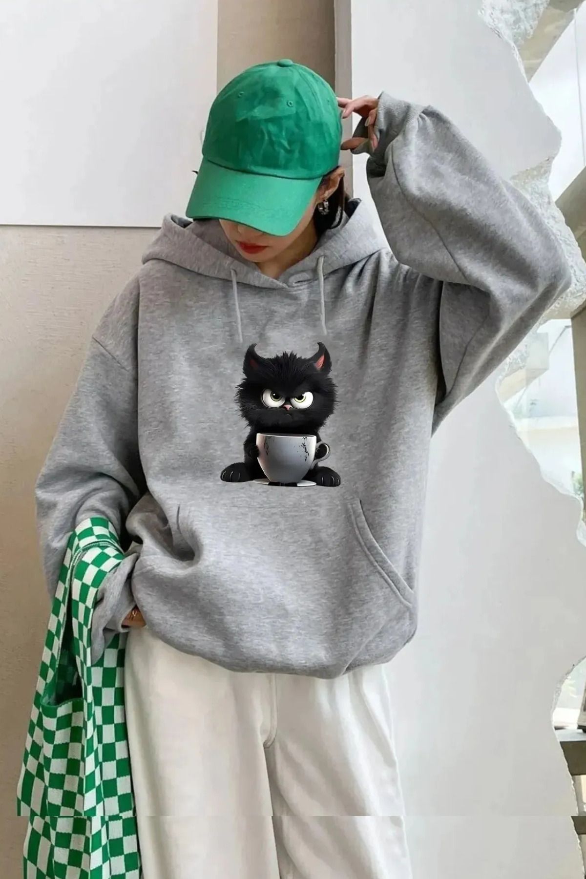 FECCY Pamuklu Angry Cat Baskılı Oversize Kapüşonlu Gri Sweatshirt