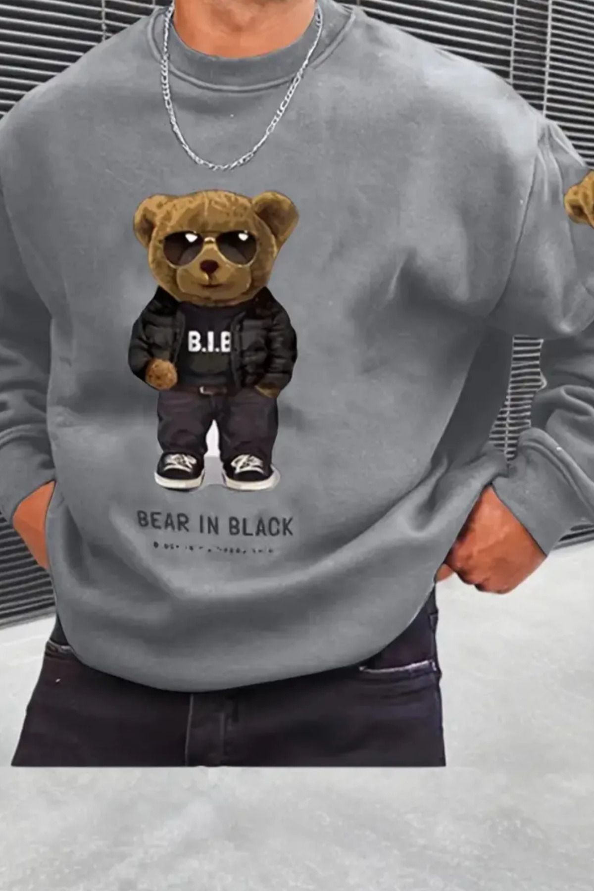 FECCY Pamuklu Bear İn Black Bisiklet Yaka Sweatshirt