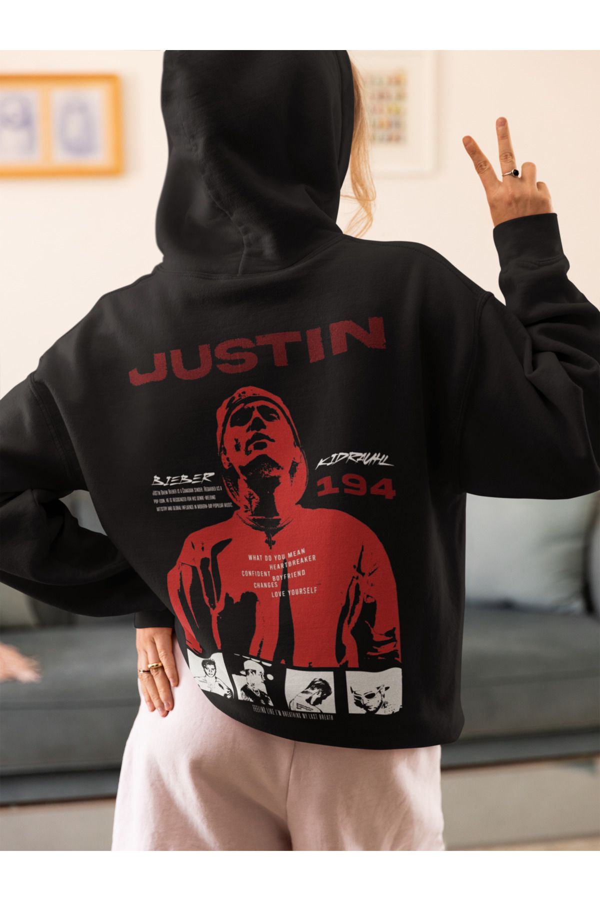 SEVBANO Justin Bieber 194 Baskılı Unisex Oversize Tasarım Şarkıcı Hoodie