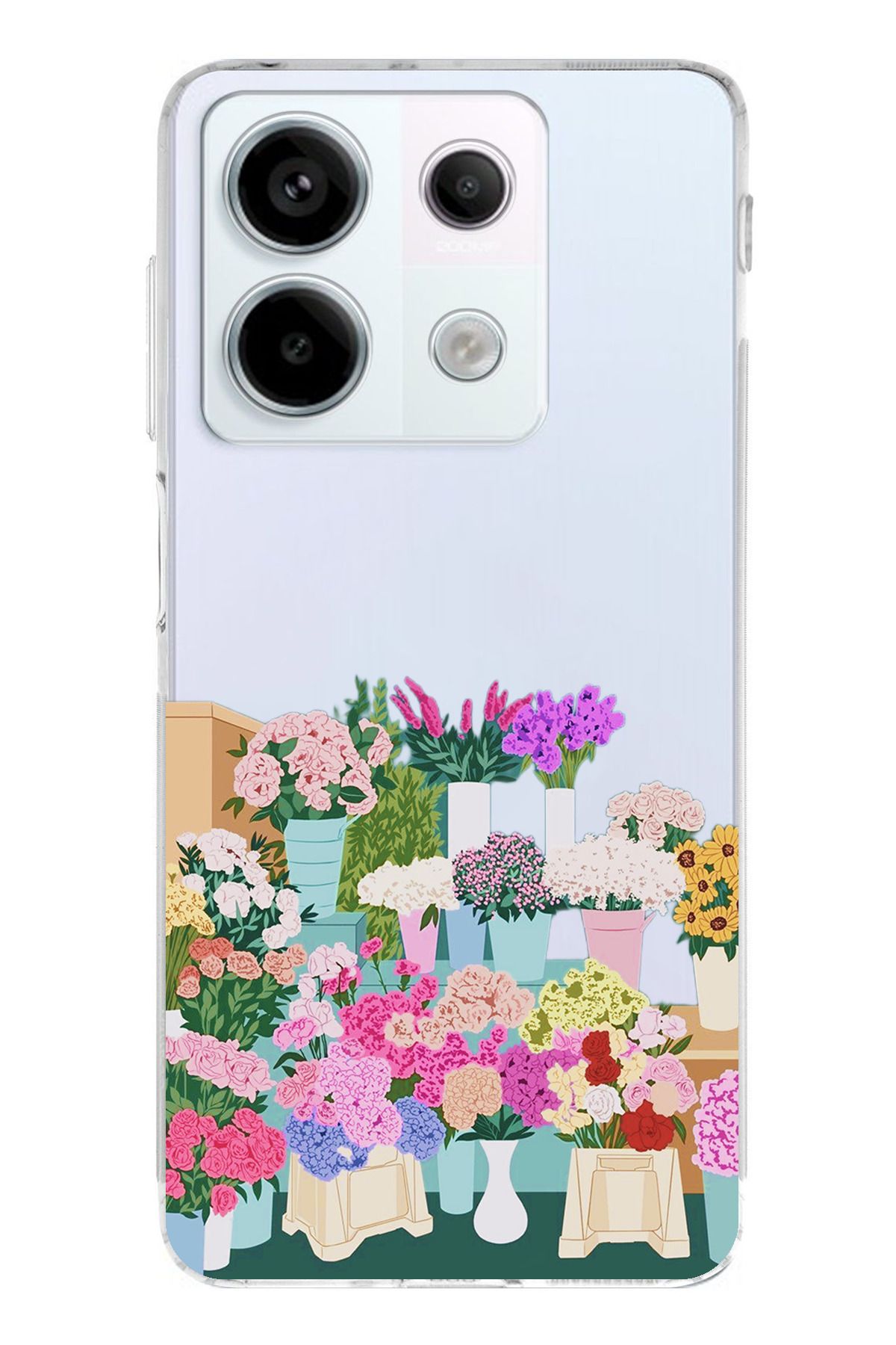 TechTree Redmi Note 13 PRO 5G Uyumlu Vazoda Çiçekler Tasarımlı Şeffaf Silikon Kılıf
