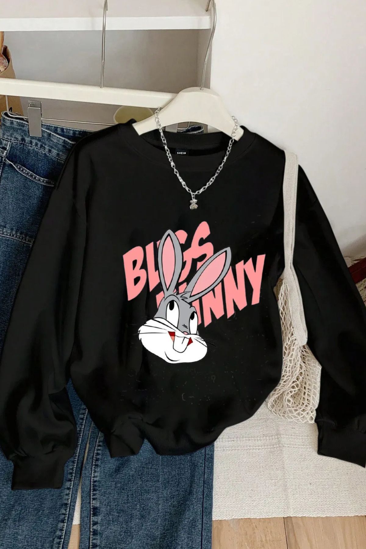 FECCY Pamuklu bugs bunny tavşan ön baskılı siyah oversize kapşonlu sweatshirt hoodie