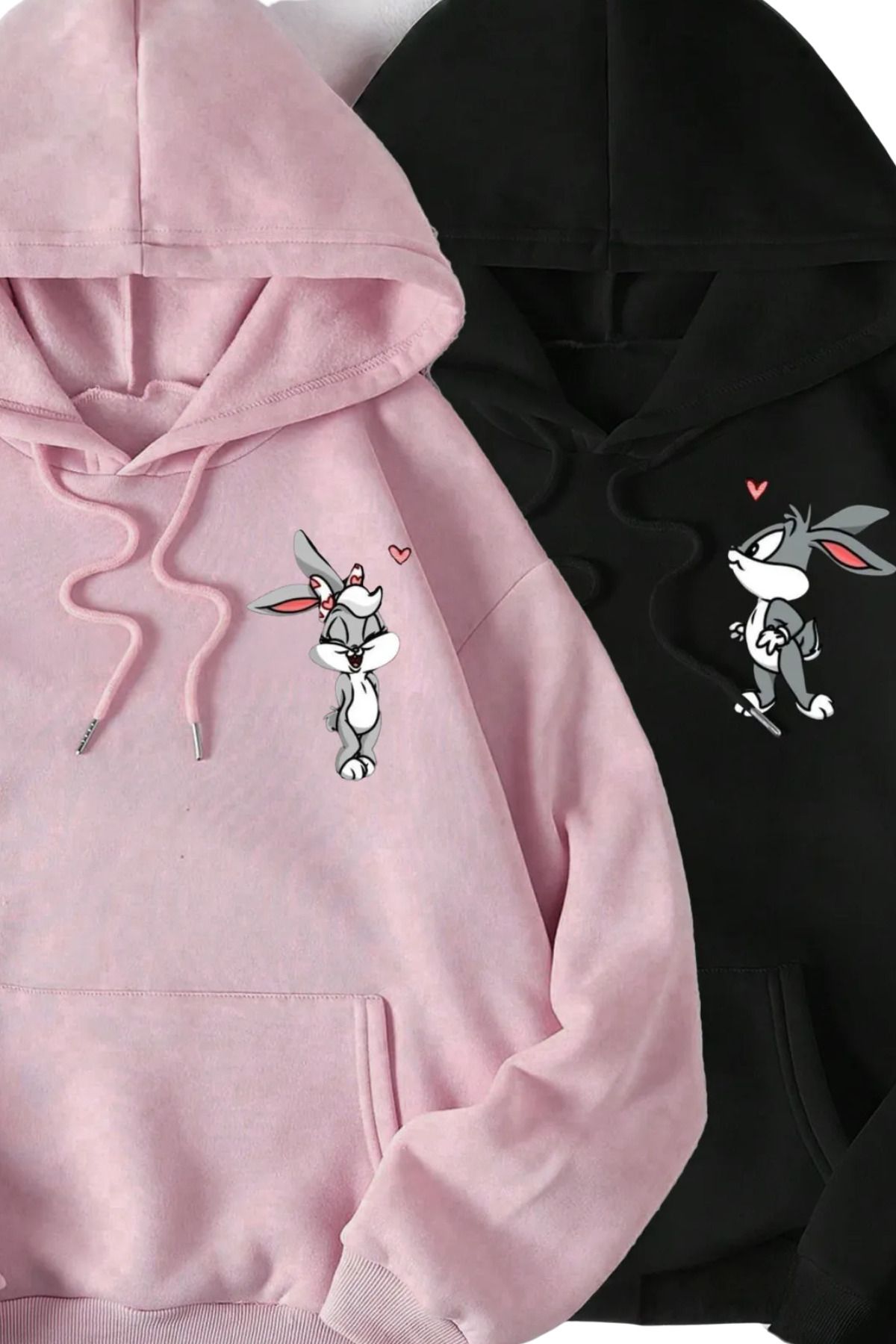 FECCY Pamuklu Bugs Bunny Sevgili Çift Kombin - Siyah Pembe Baskılı Oversize Kapüşonlu Sweatshirt