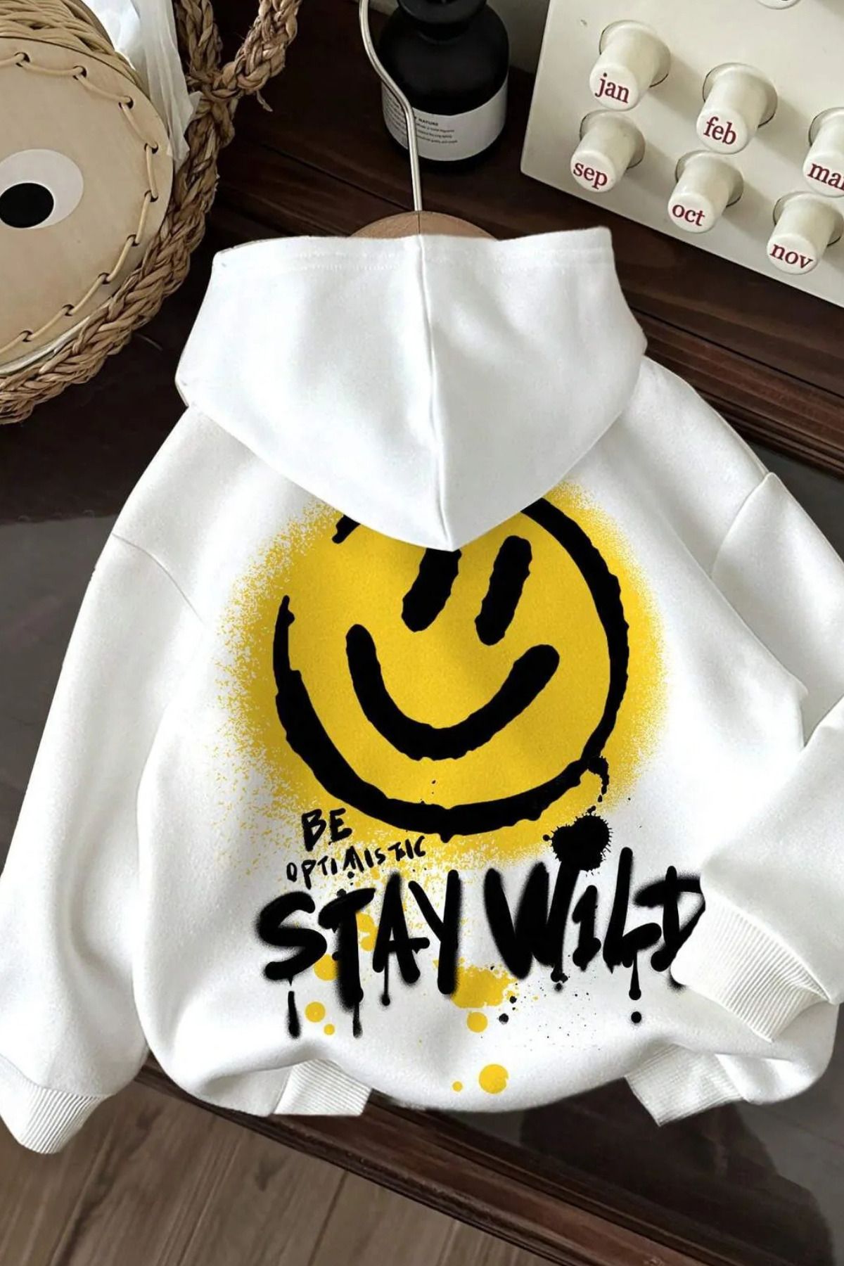 FECCY Pamuklu be optiastic stay wild arka baskılı beyaz oversize kapşonlu sweatshirt hoodie