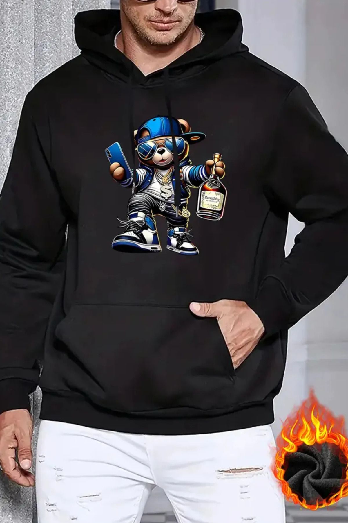 FECCY Pamuklu Cool Bear Grafikli Kapüşonlu Sweatshirt