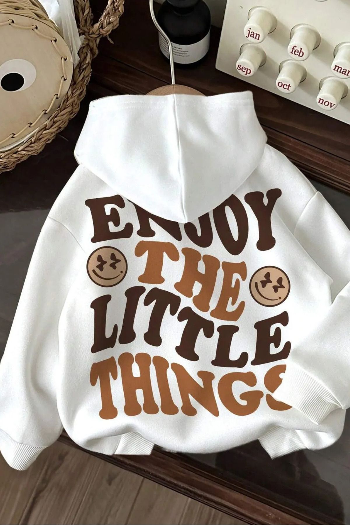 FECCY Pamuklu enjoy the little things arka baskılı beyaz oversize kapşonlu sweatshirt hoodie