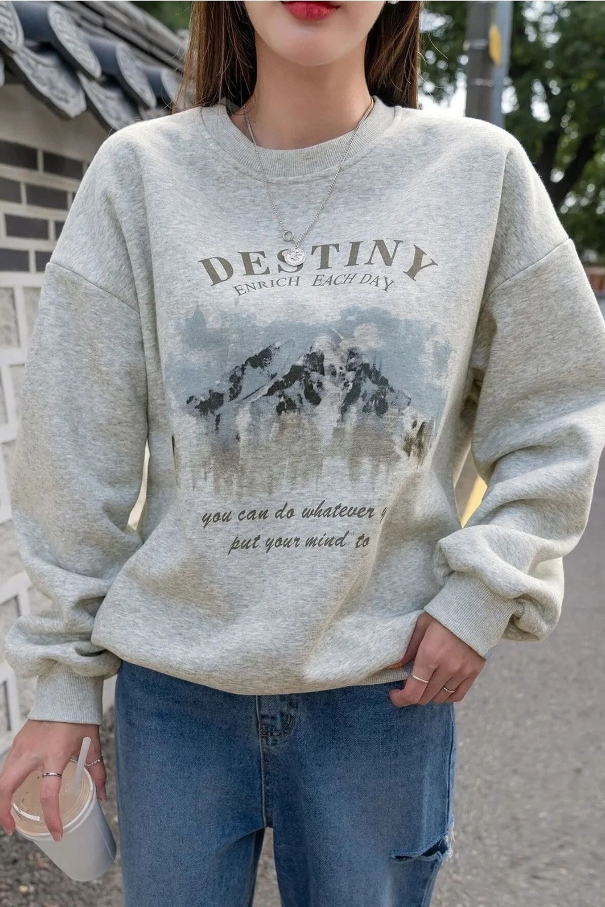 FECCY Pamuklu Destiny Enrich Sweatshirt - Gri Baskılı Oversize Şardonlu Bisiklet Yaka