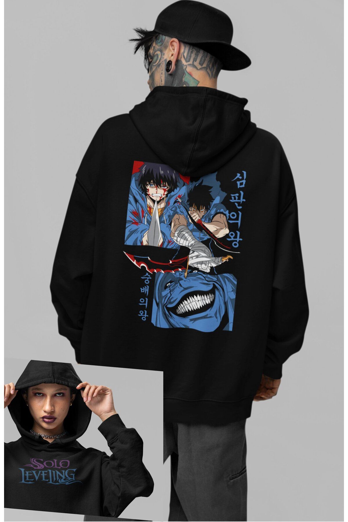 Fuddy Moda Oversize Solo Leveling Characters Sırt Baskılı Kapüşonlu Sweatshirt, Unisex Anime Temalı Hoodie